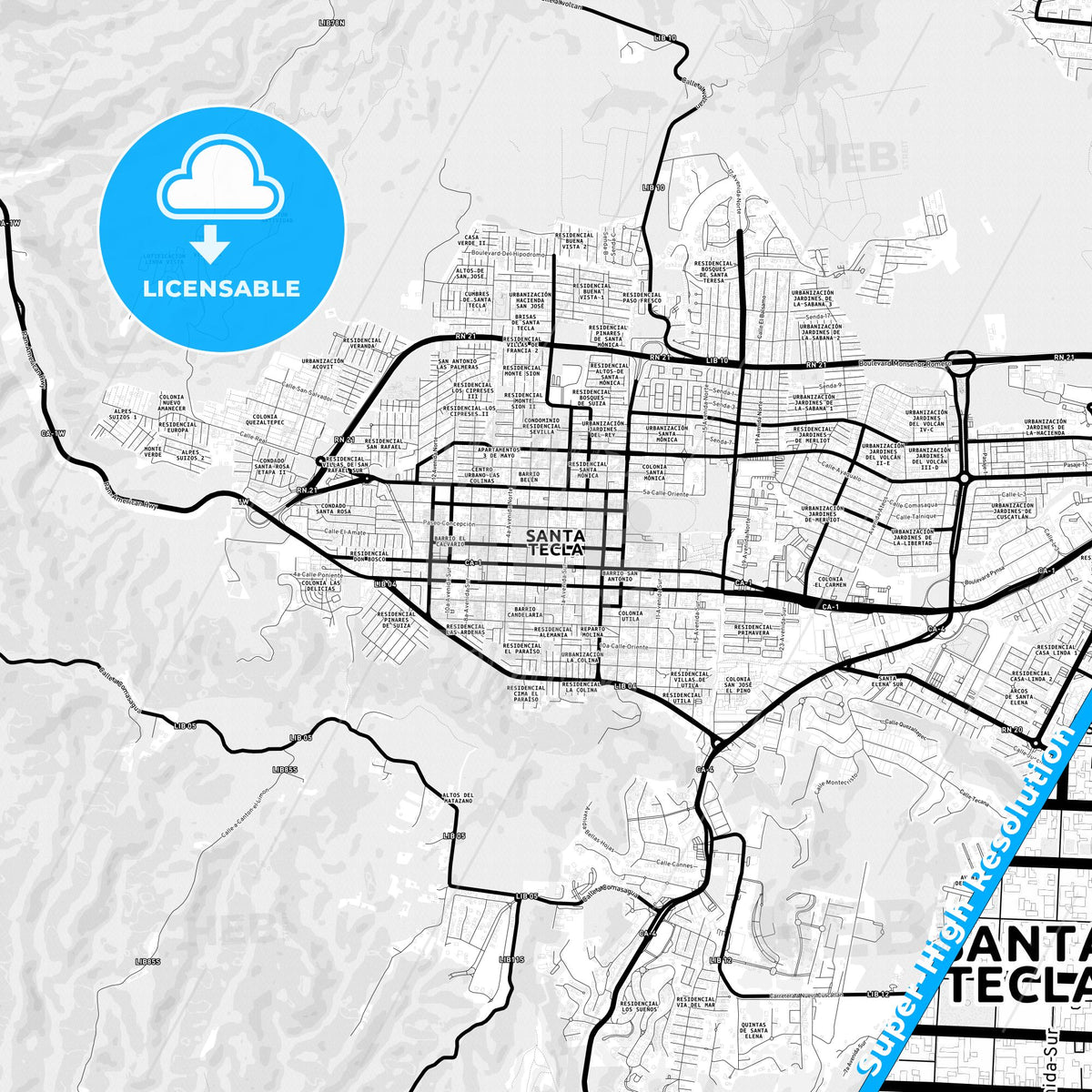 Santa Tecla, El Salvador Light Map with Street Names, City Names, and Districts