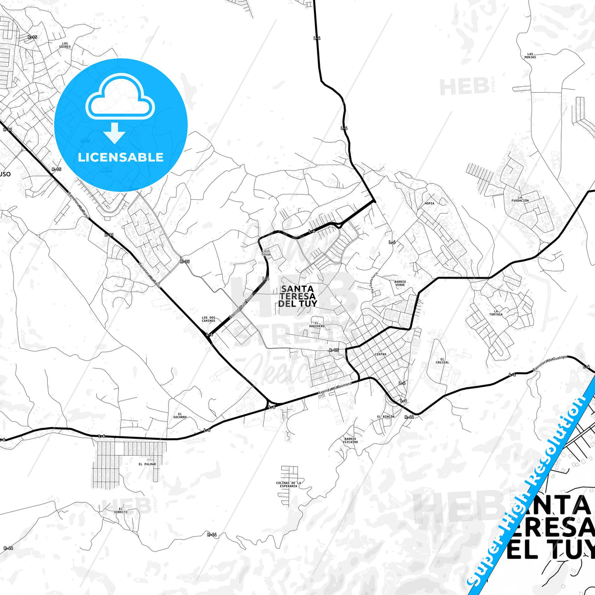 Santa Teresa del Tuy, Venezuela Light Map with Street Names, City Names, and Districts