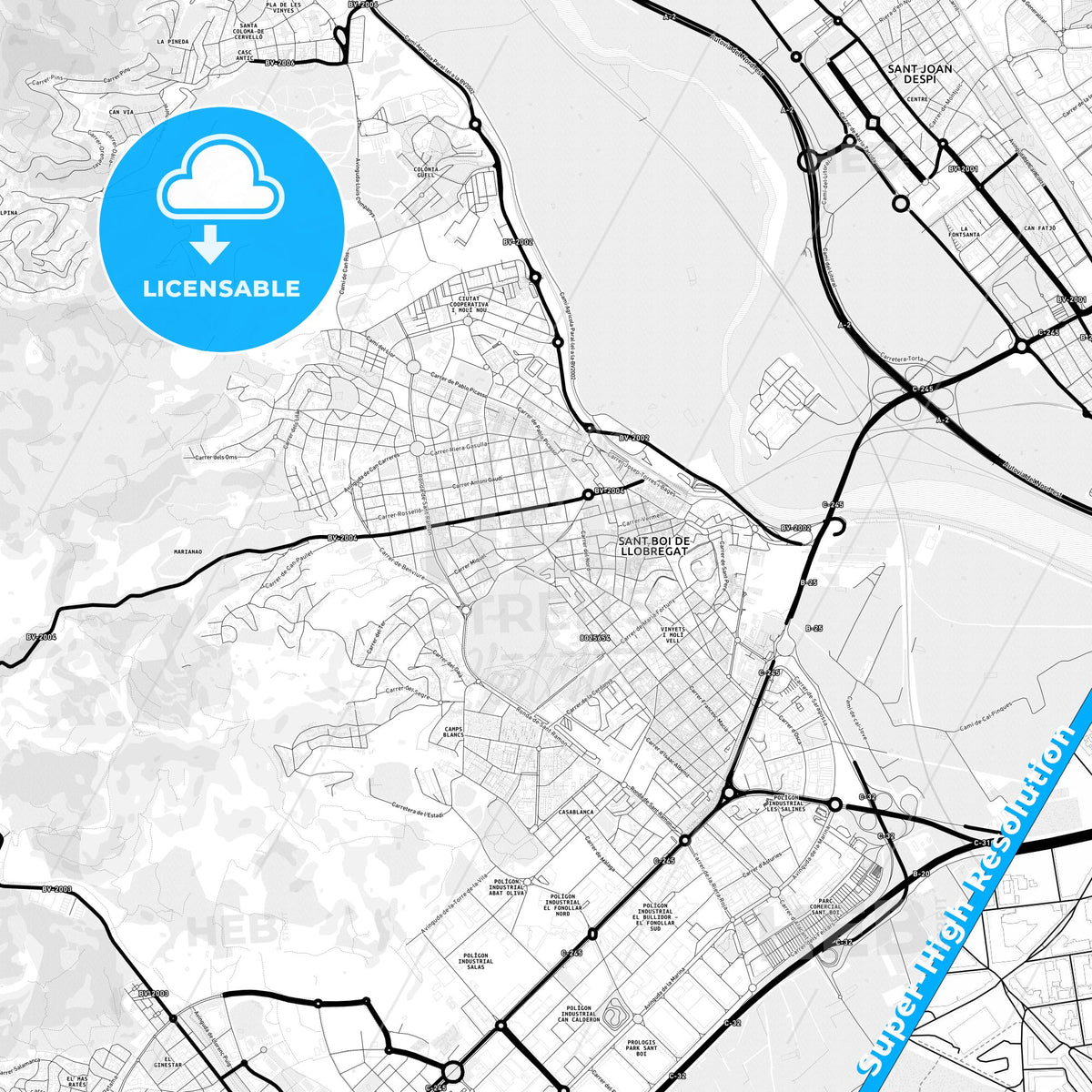 Sant Boi de Llobregat, Spain Light Map with Street Names, City Names, and Districts