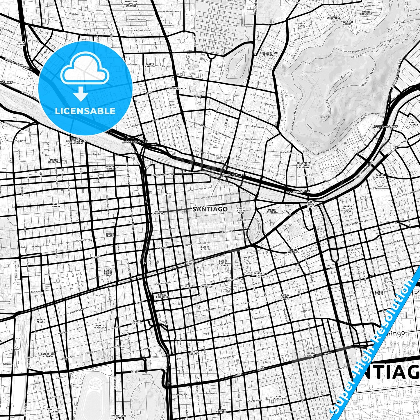 Santiago, Chile Light Map with Street Names, City Names, and Districts