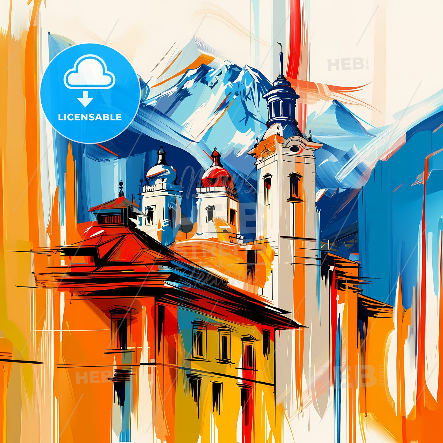 Vibrant Santiago, Chile - A Painting Of A Building With A Mountain In The Background