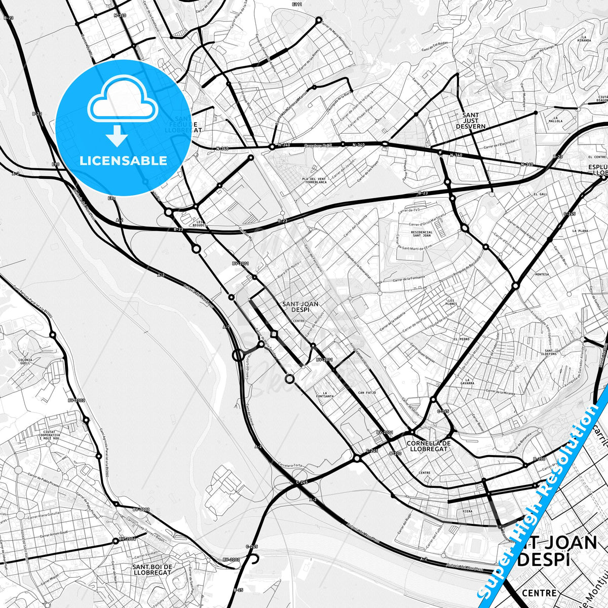 Sant Joan Despí, Spain Light Map with Street Names, City Names, and Districts