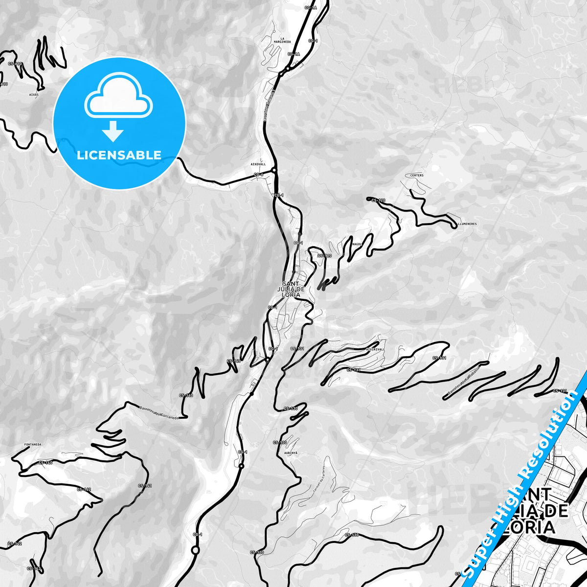 Sant Julià de Lòria, Andorra Light Map with Street Names, City Names, and Districts
