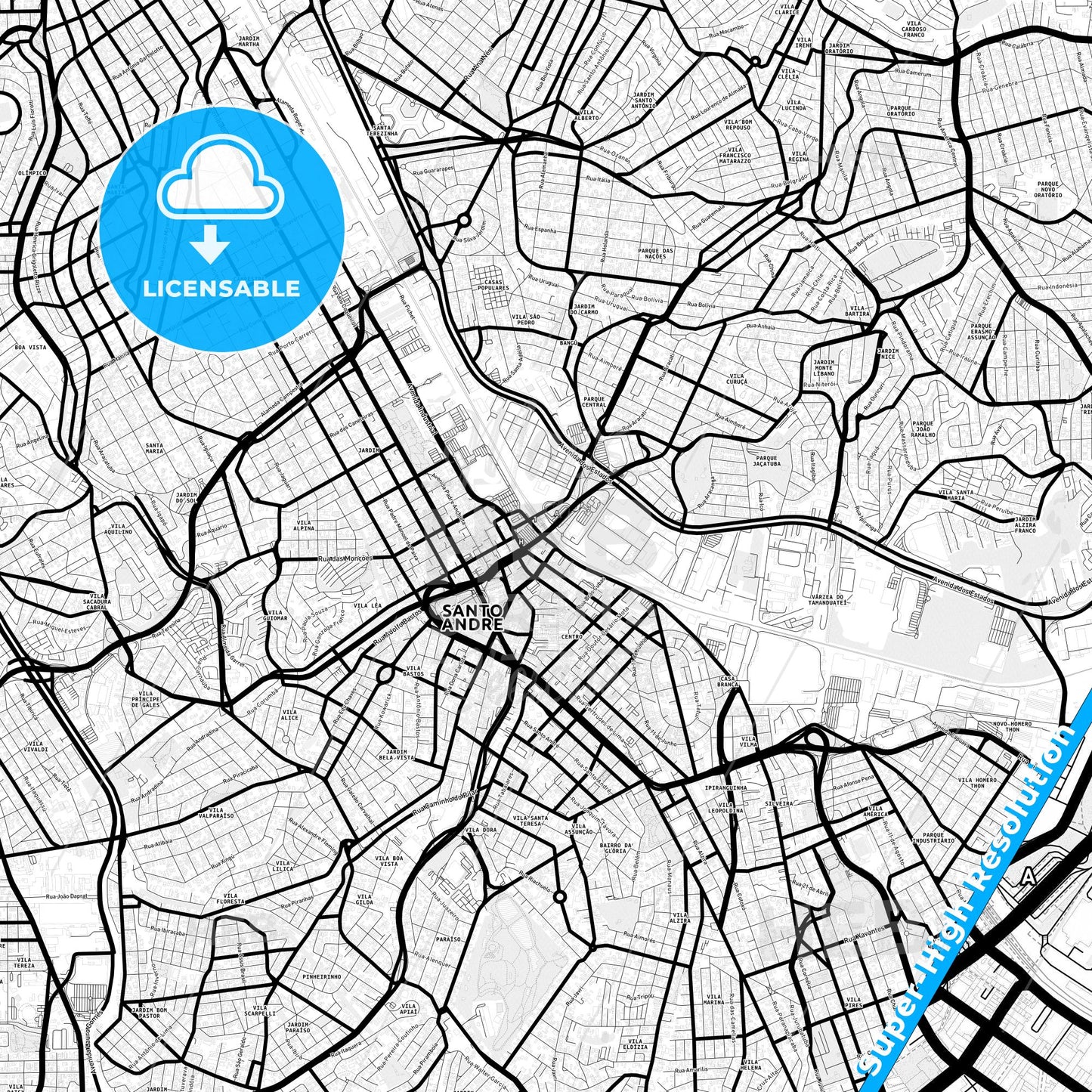 Santo Andre, Brazil Light Map with Street Names, City Names, and Districts