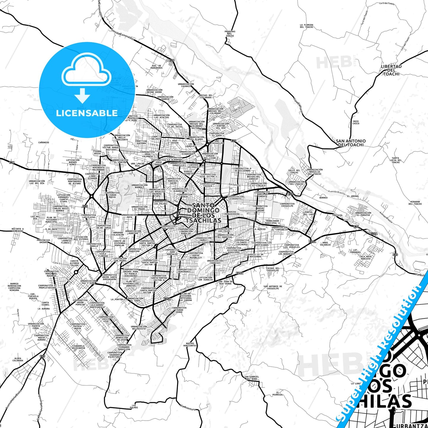 Santo Domingo de los Colorados, Ecuador Light Map with Street Names, City Names, and Districts