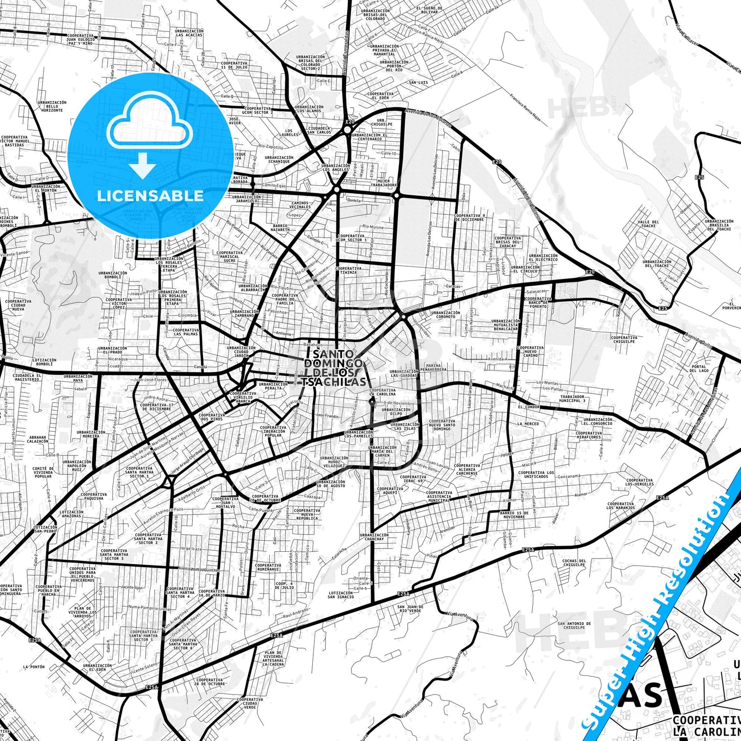 Santo Domingo de los Colorados, Ecuador Light Map with Street Names, City Names, and Districts