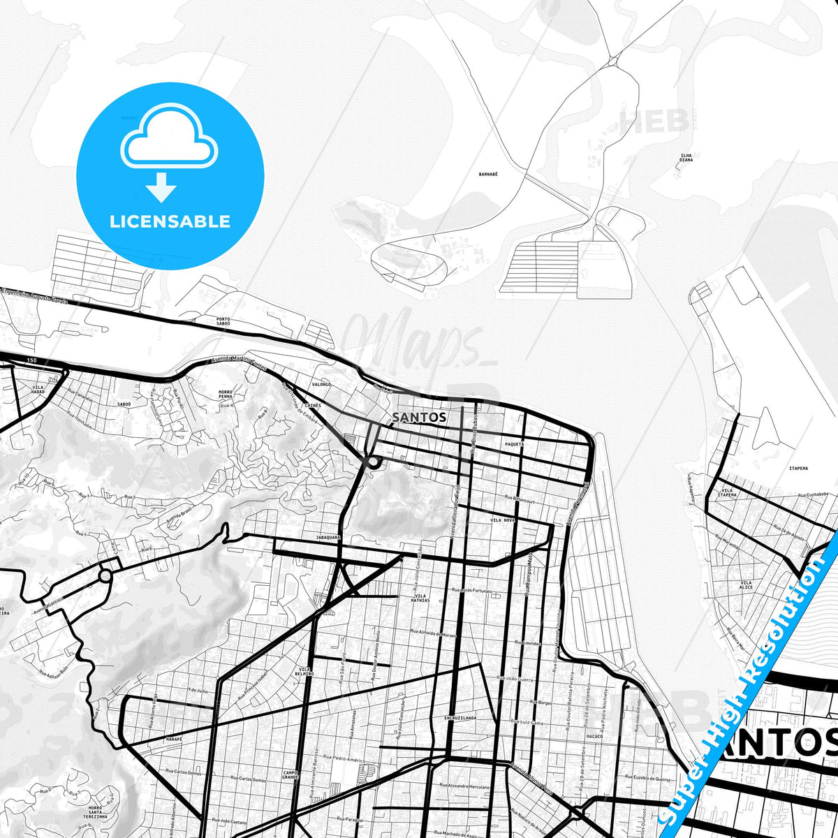 Santos, Brazil Light Map with Street Names, City Names, and Districts
