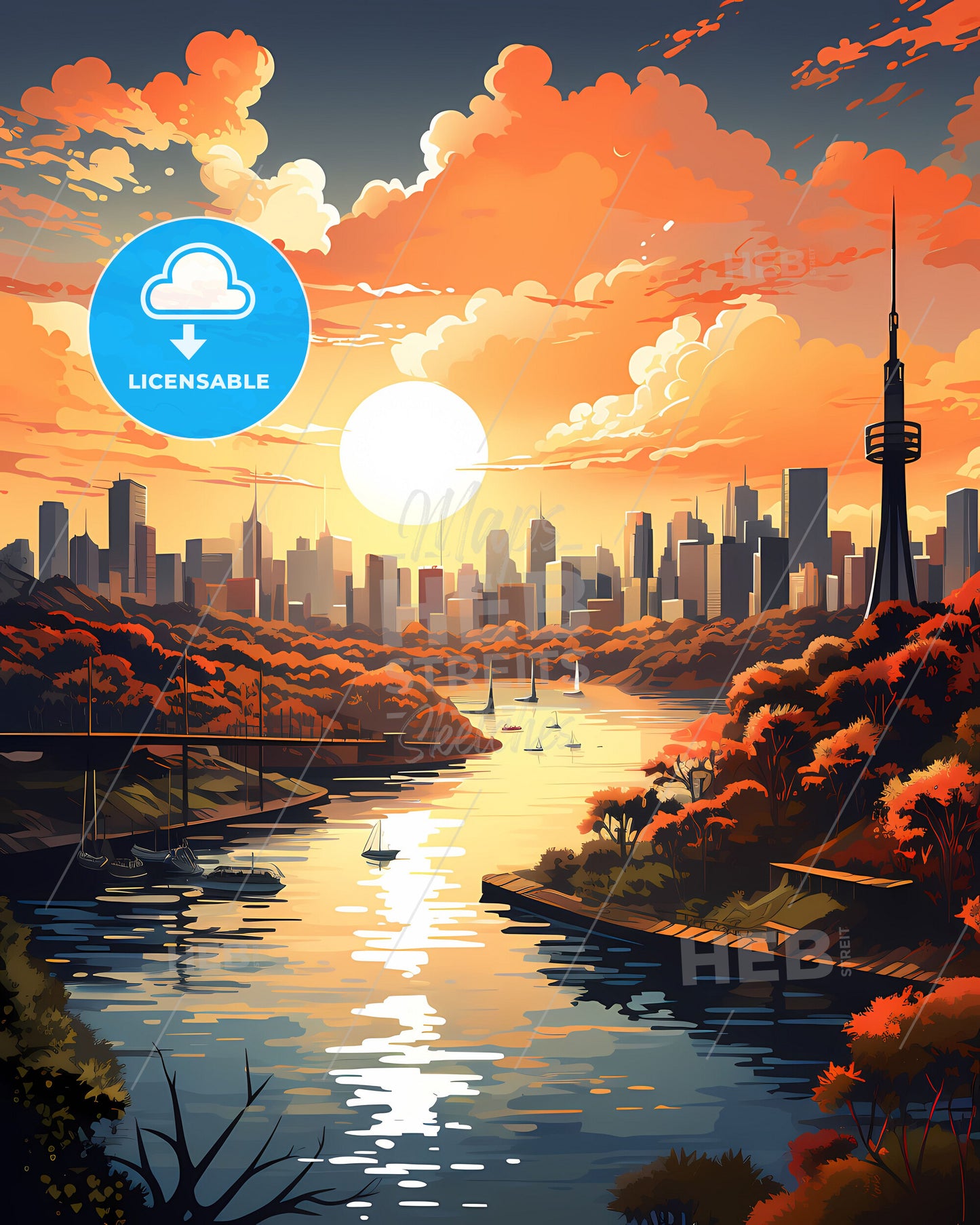 Vibrant Art Painting of Santos Brazil Skyline with River and Bridge