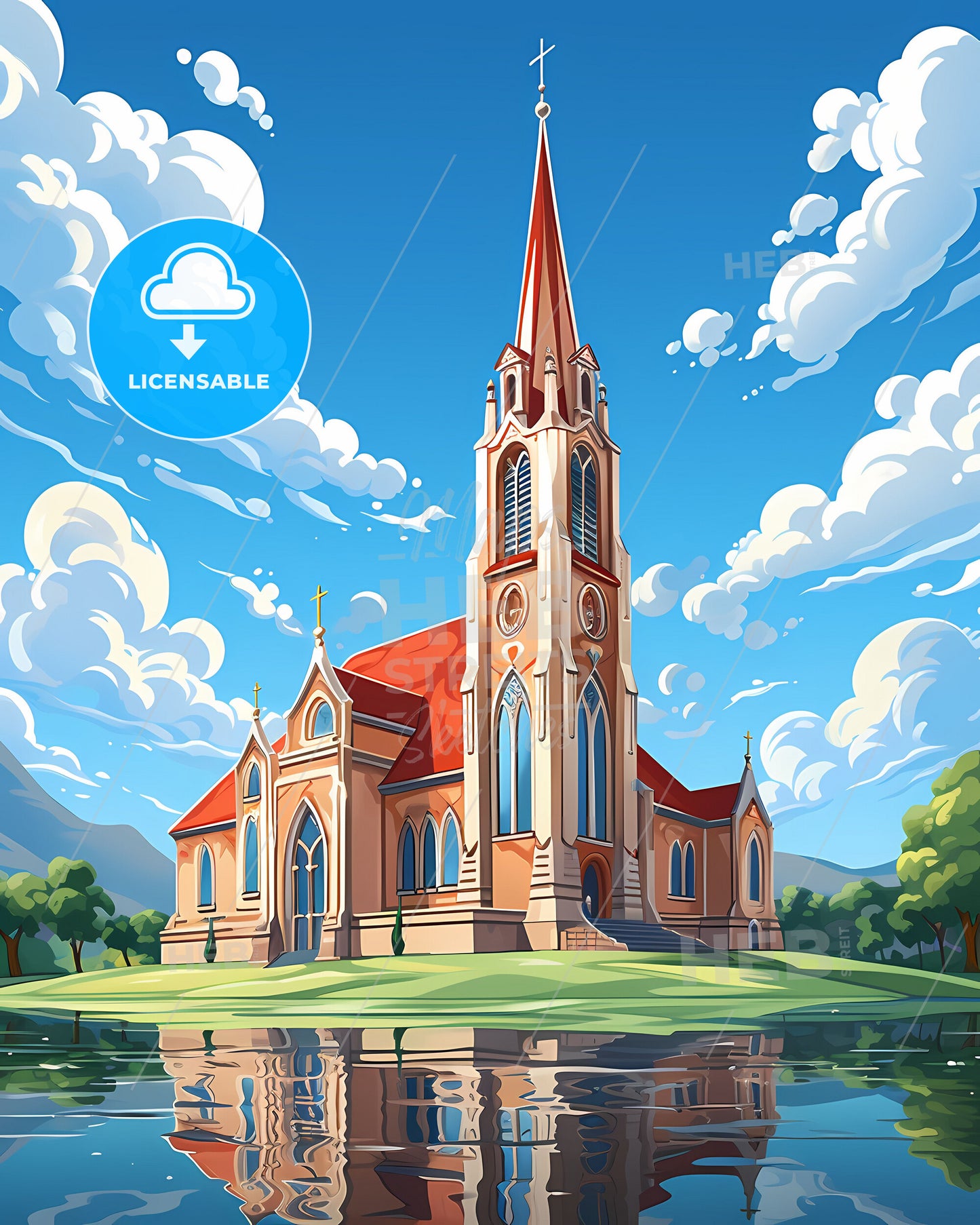 Colorful painting of Sao Bernardo do Campo Brazil skyline featuring a church tower and lake