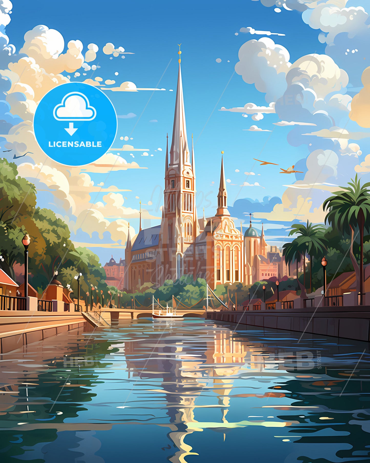 Vibrant Watercolor Painting: Scenic Sao Joao de Meriti Brazil Skyline with Castle and Canal