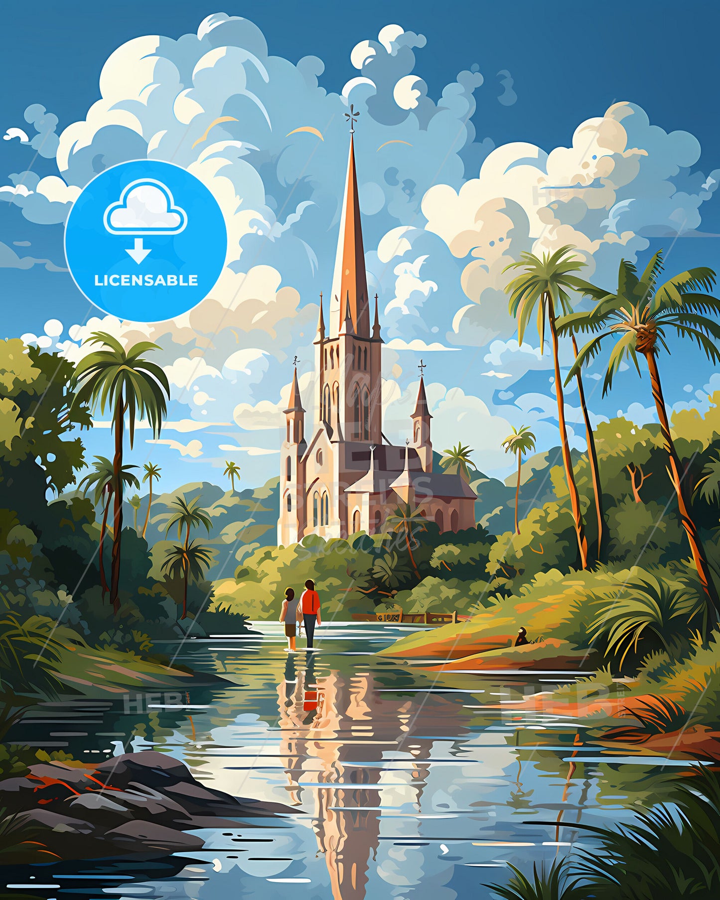 Sao Joao de Meriti Cityscape Painting - Vibrant Artwork of Church by Riverfront