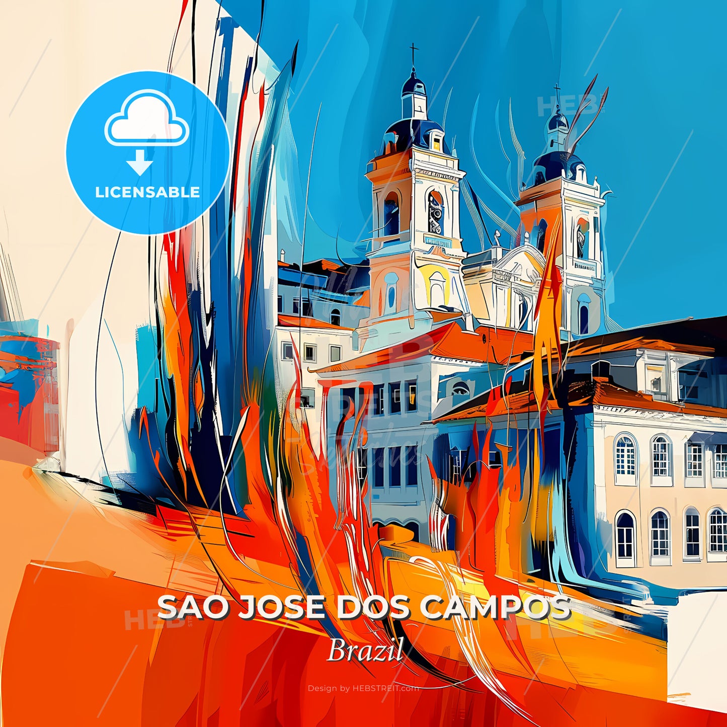 Vibrant Sao Jose Dos Campos, Brazil - A Painting Of A Building With A Tower And A Flag - Square format print template