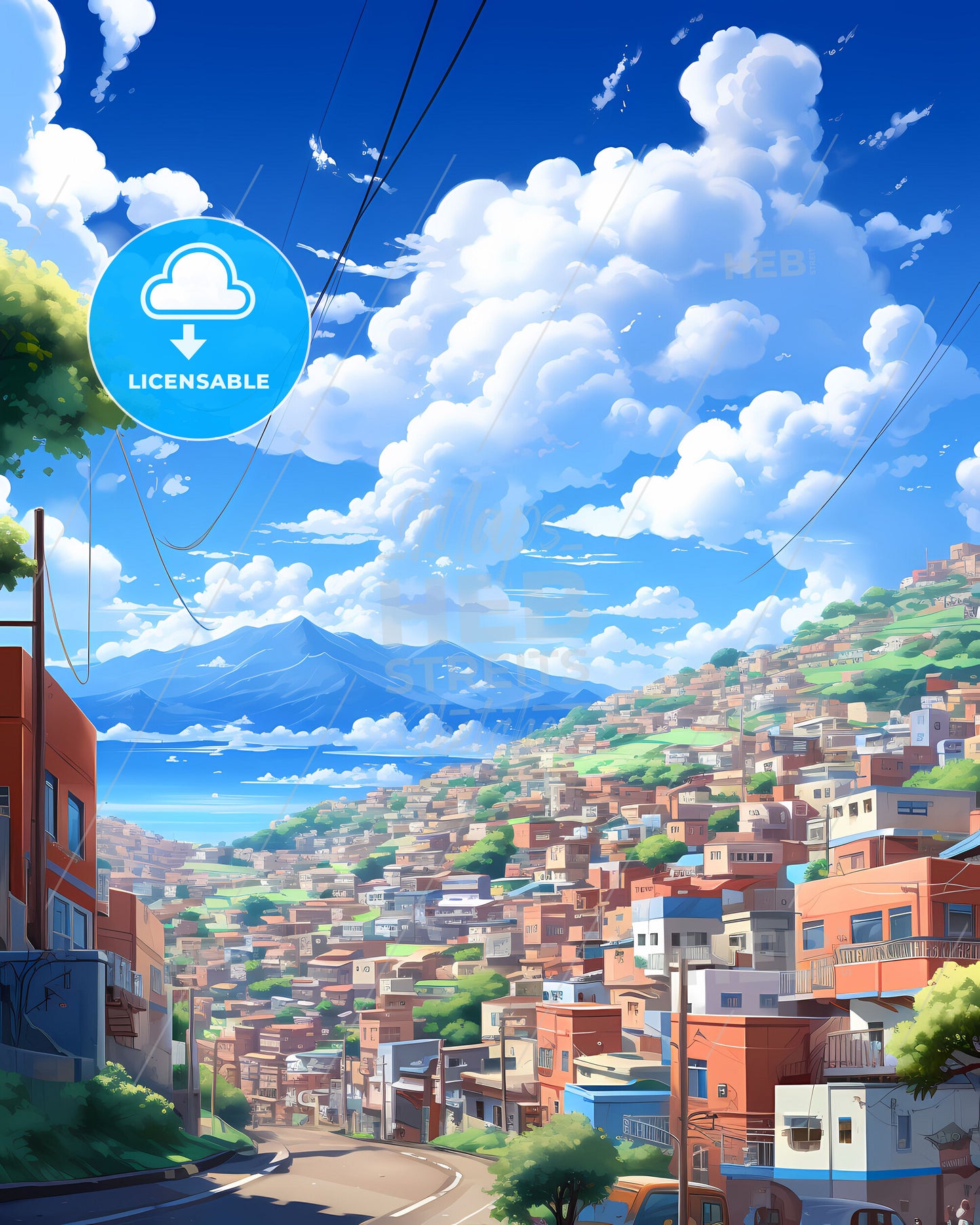 Vibrant Painting Landscape Sao Vicente City Skyline Brazil Hillside Art