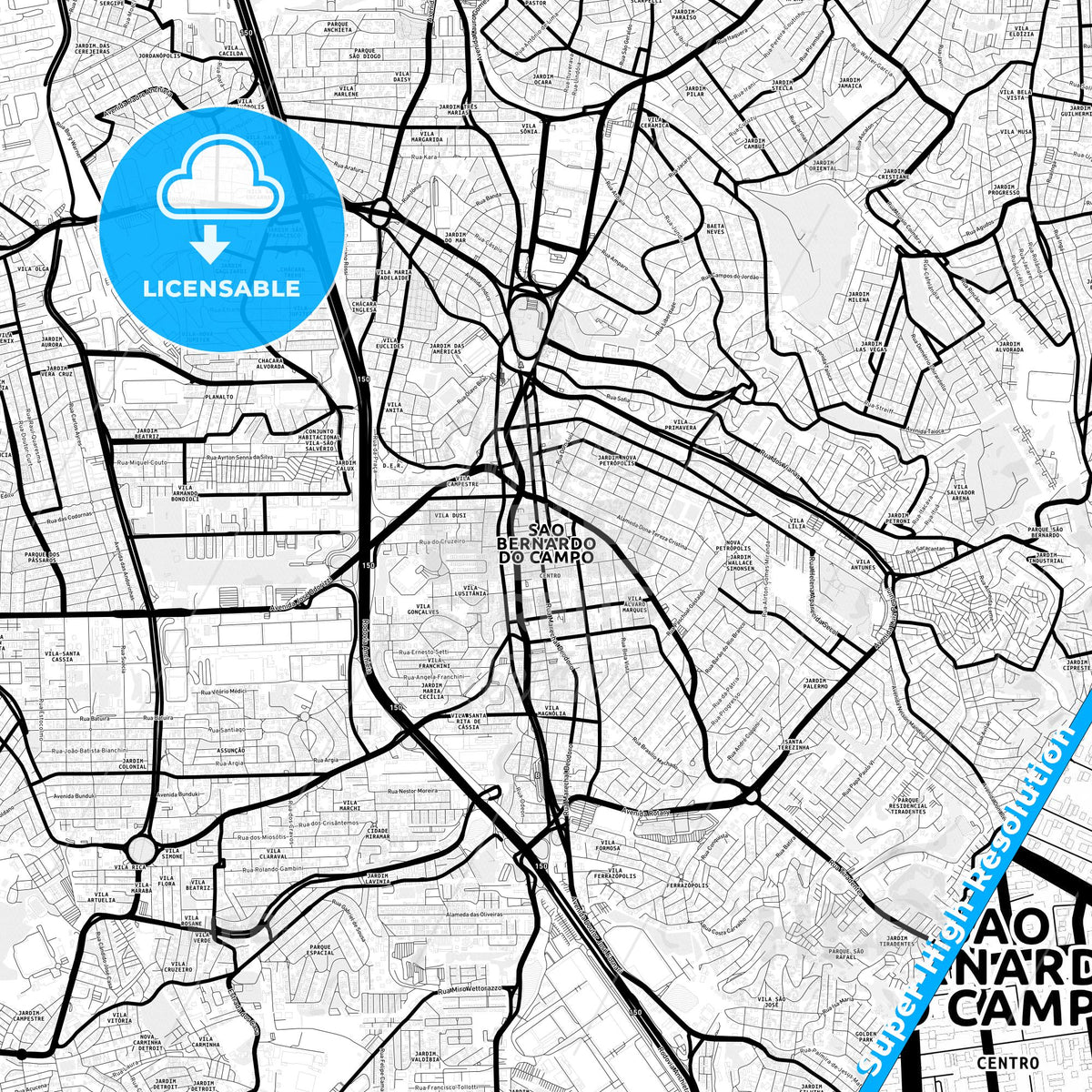 Sao Bernardo do Campo, Brazil Light Map with Street Names, City Names, and Districts