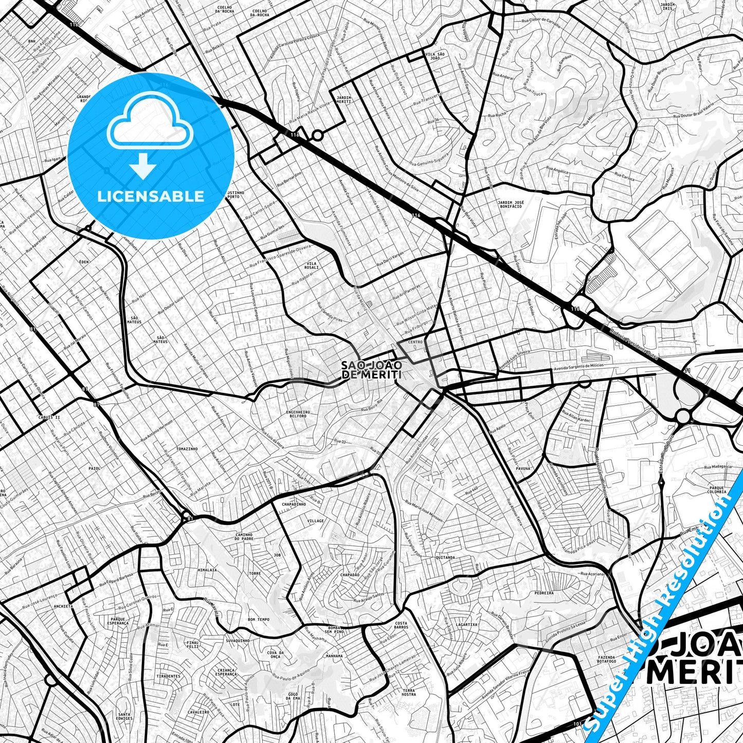 Sao Joao de Meriti, Brazil Light Map with Street Names, City Names, and Districts