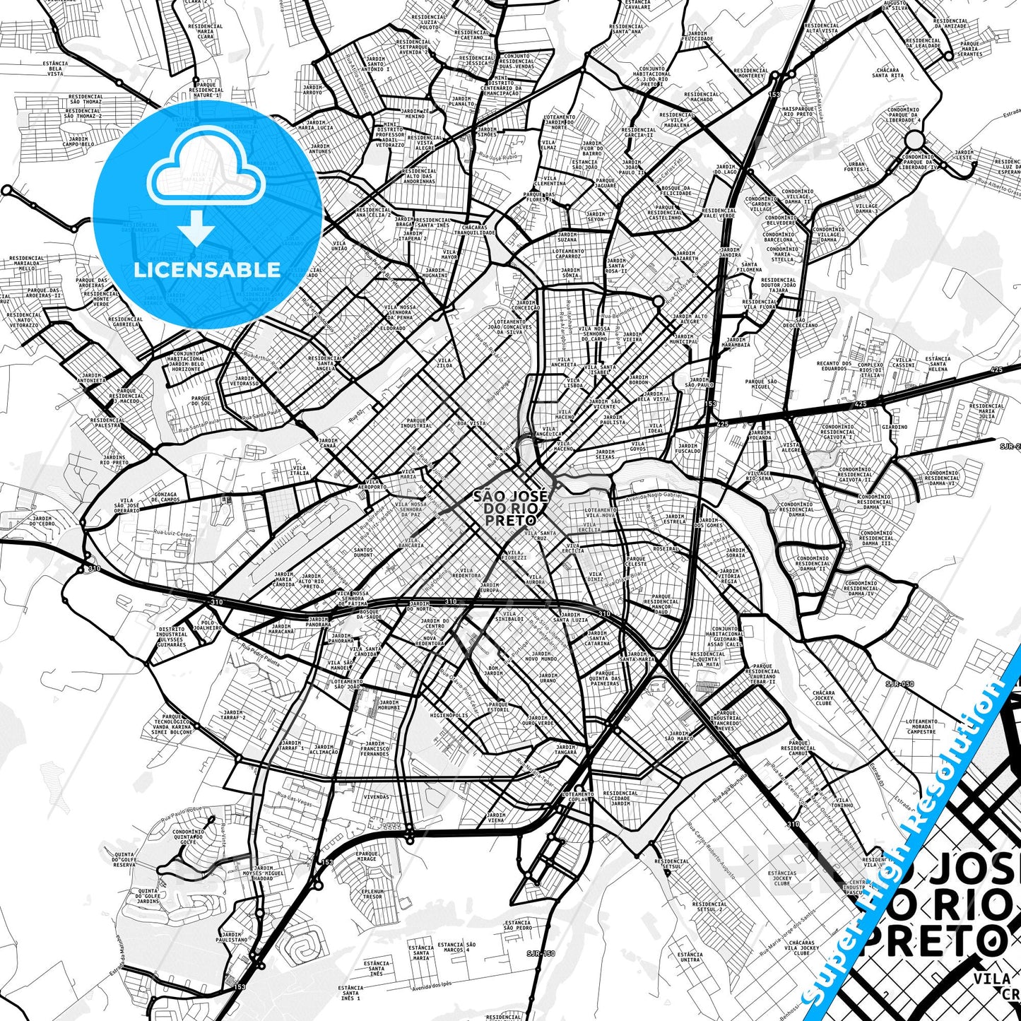 Sao Jose do Rio Preto, Brazil Light Map with Street Names, City Names, and Districts