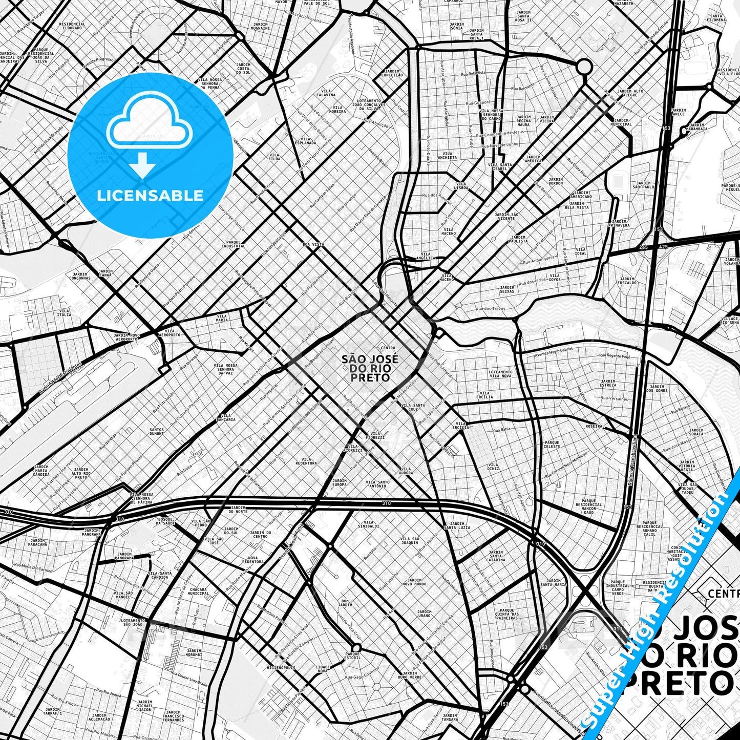 Sao Jose do Rio Preto, Brazil Light Map with Street Names, City Names, and Districts