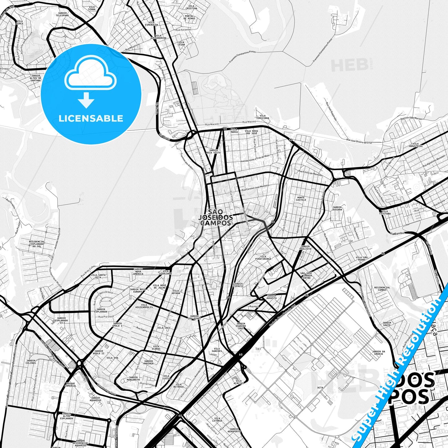 Sao Jose dos Campos, Brazil Light Map with Street Names, City Names, and Districts