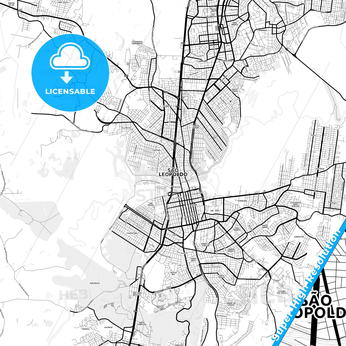 Sao Leopoldo, Brazil Light Map with Street Names, City Names, and Districts