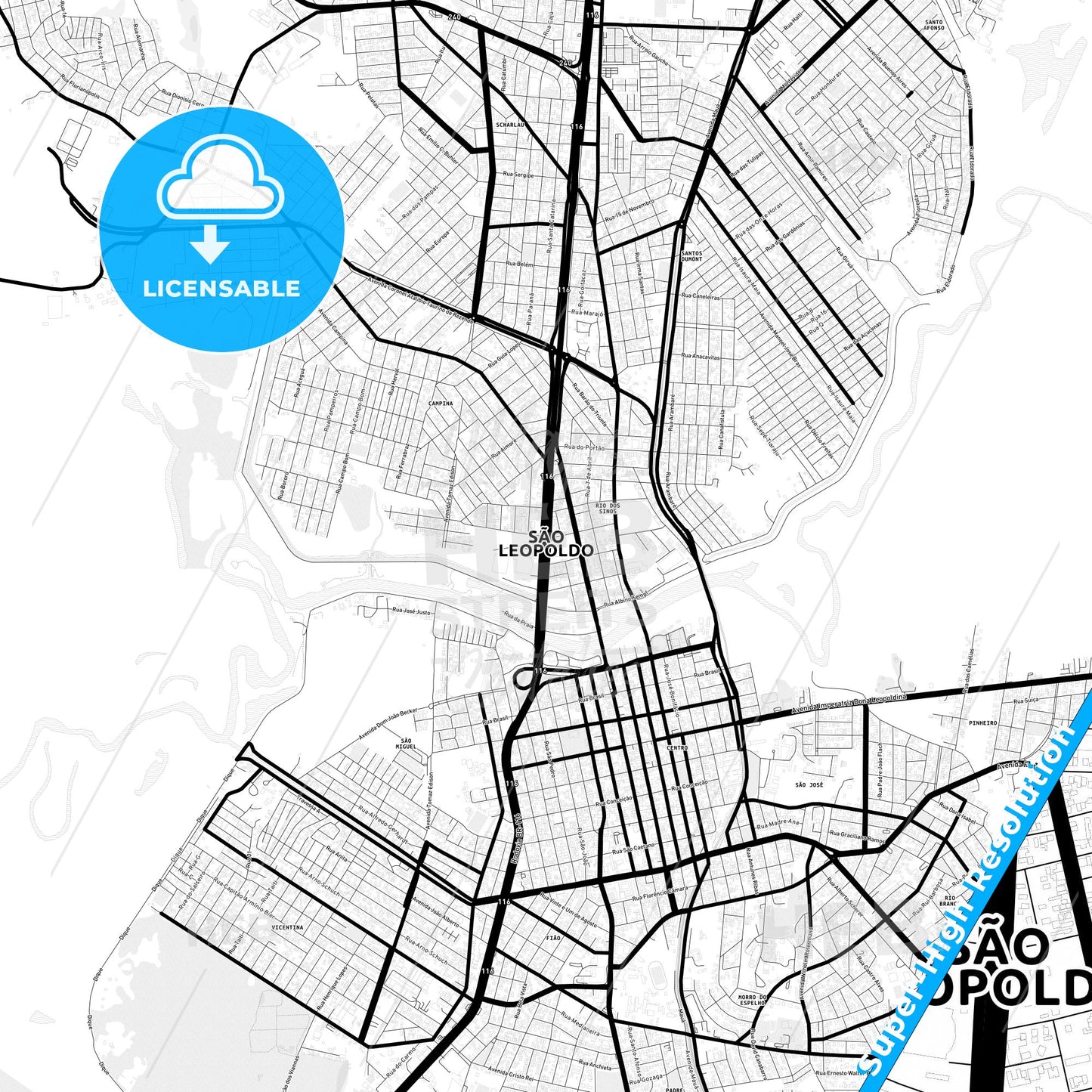 Sao Leopoldo, Brazil Light Map with Street Names, City Names, and Districts