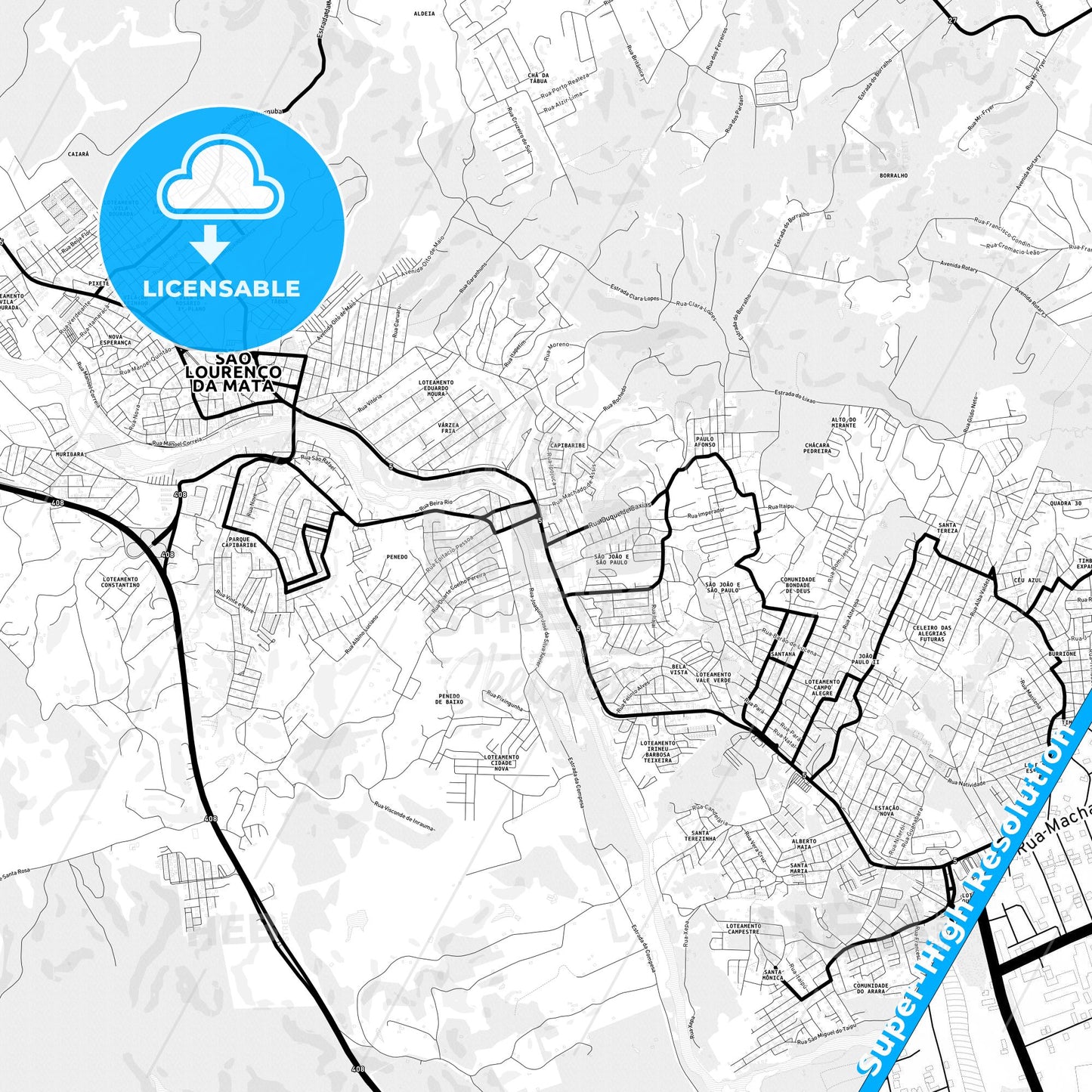 Sao Lourenco da Mata, Brazil Light Map with Street Names, City Names, and Districts