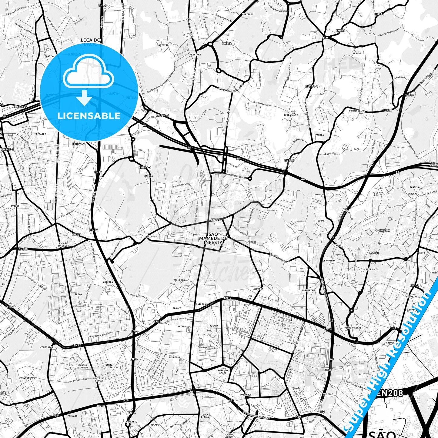 São Mamede de Infesta, Portugal Light Map with Street Names, City Names, and Districts