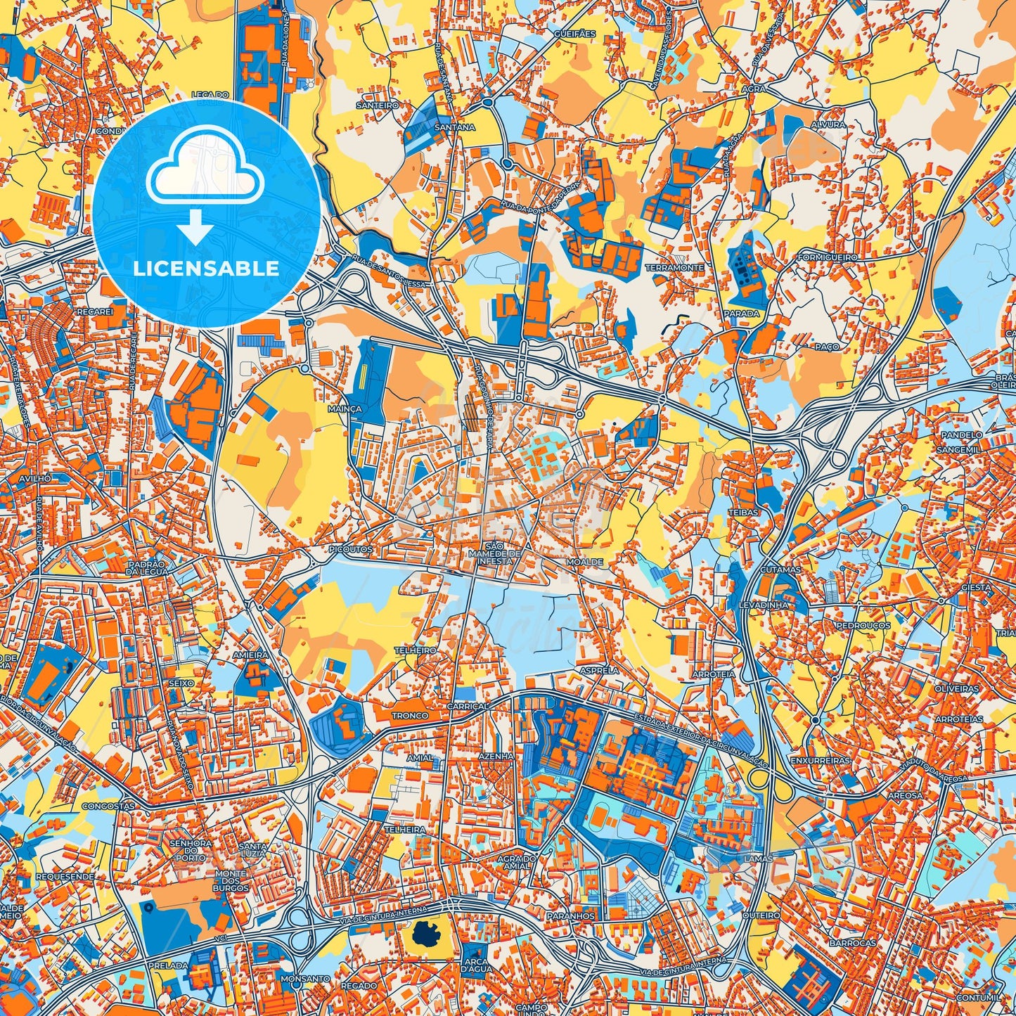 Colorful São Mamede de Infesta Street Map with Labels and Buildings
