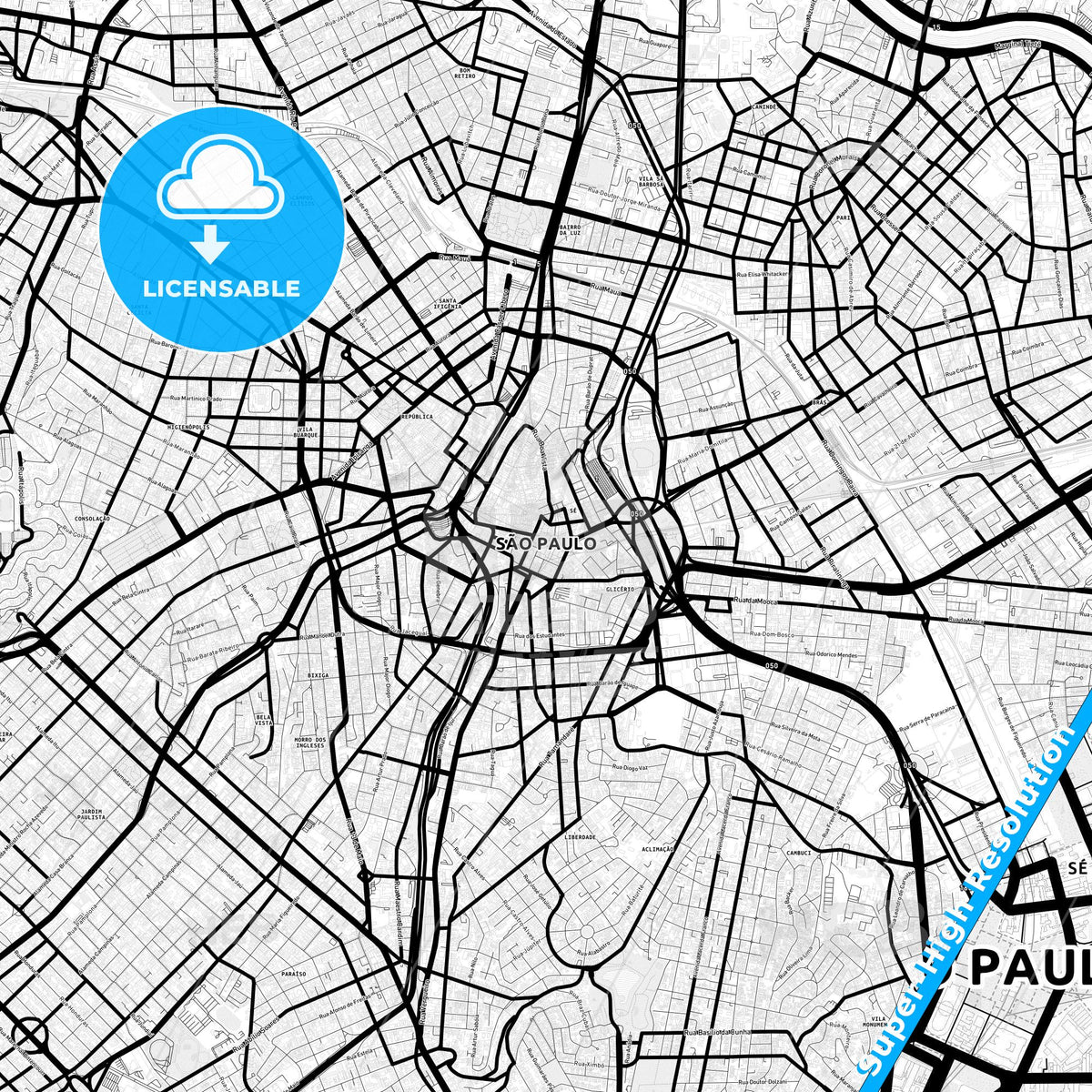 Sao Paulo, Brazil Light Map with Street Names, City Names, and Districts