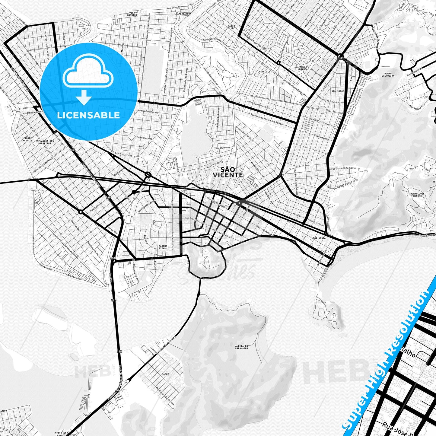 Sao Vicente, Brazil Light Map with Street Names, City Names, and Districts