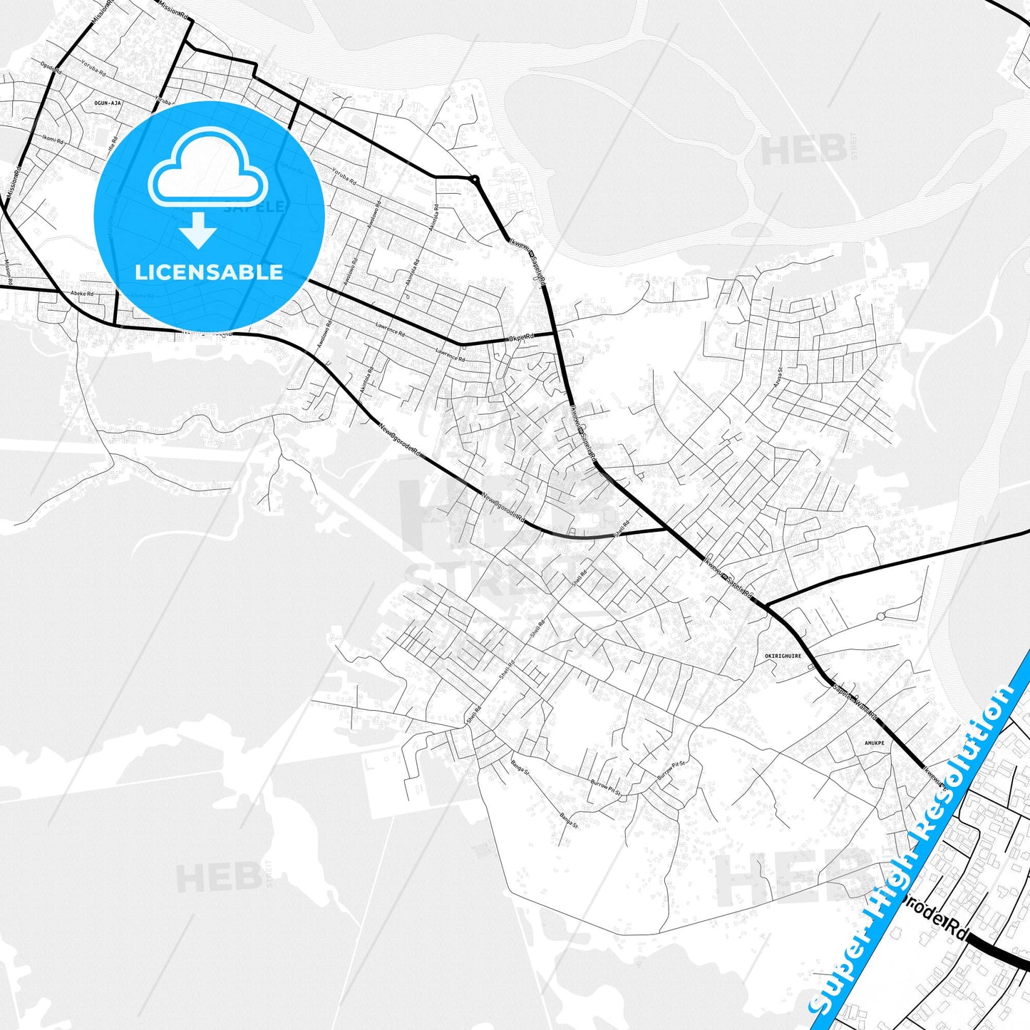 Sapele, Nigeria Light Map with Street Names, City Names, and Districts