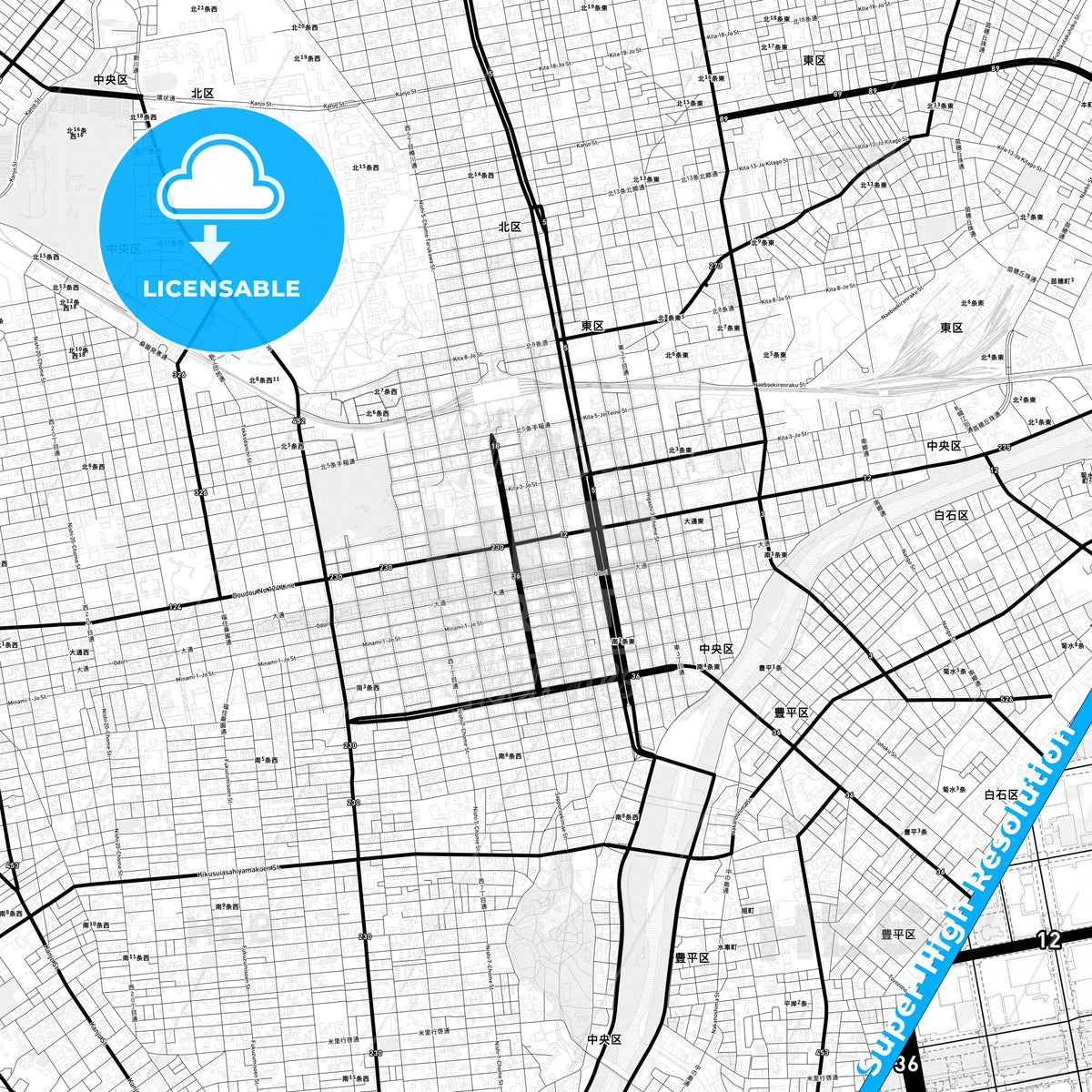 Sapporo, Japan Light Map with Street Names, City Names, and Districts