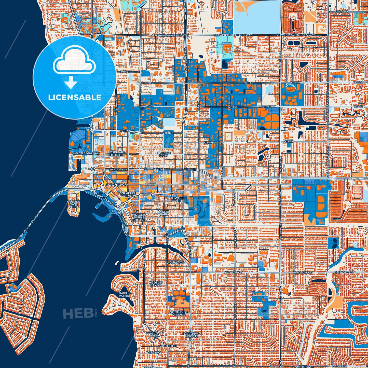 Colorful Sarasota Street Map with Labels and Buildings