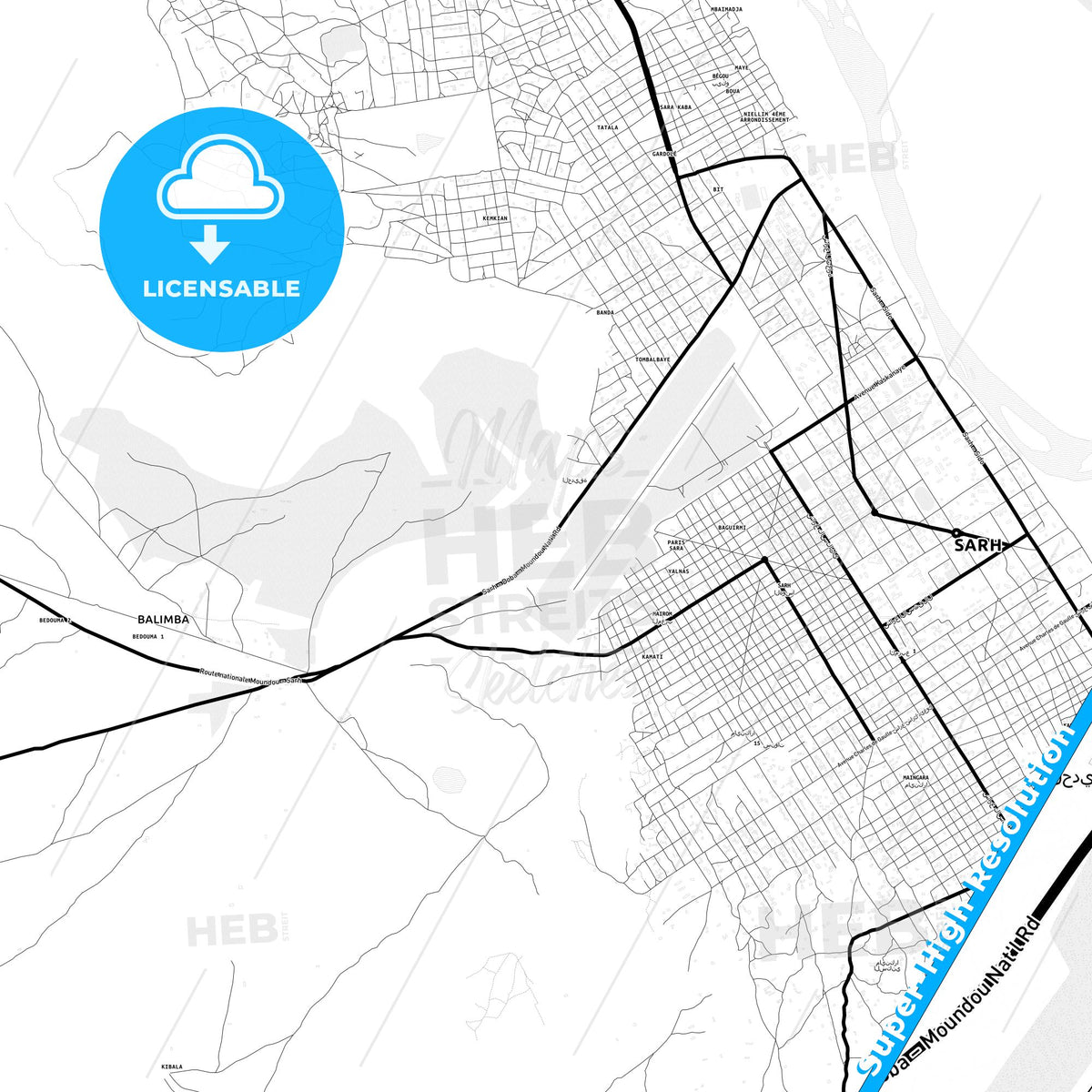 Sarh, Chad Light Map with Street Names, City Names, and Districts