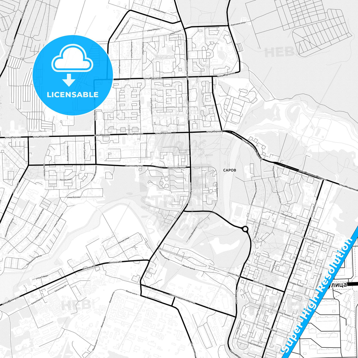 Sarov, Russia Light Map with Street Names, City Names, and Districts