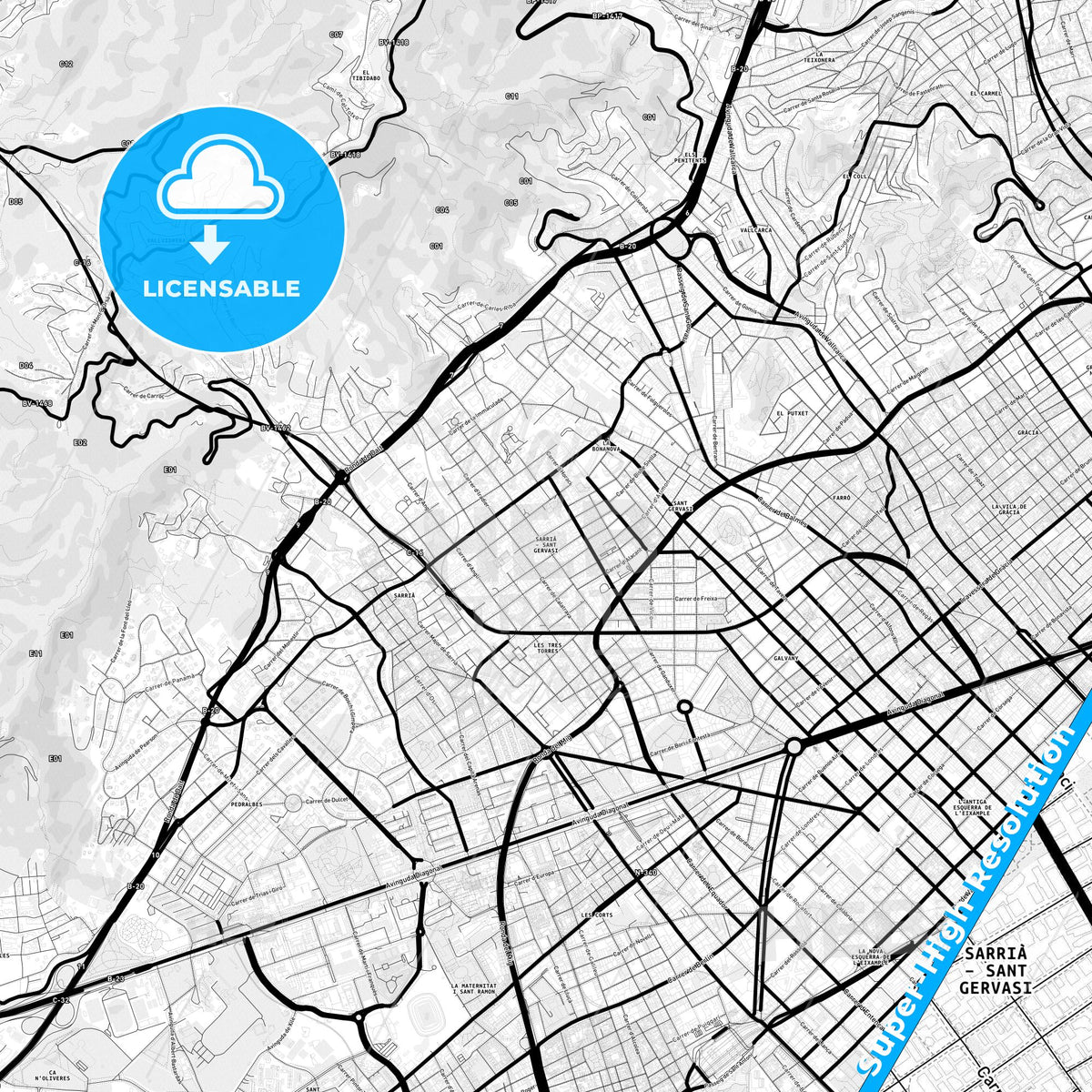 Sarrià-Sant Gervasi, Spain Light Map with Street Names, City Names, and Districts