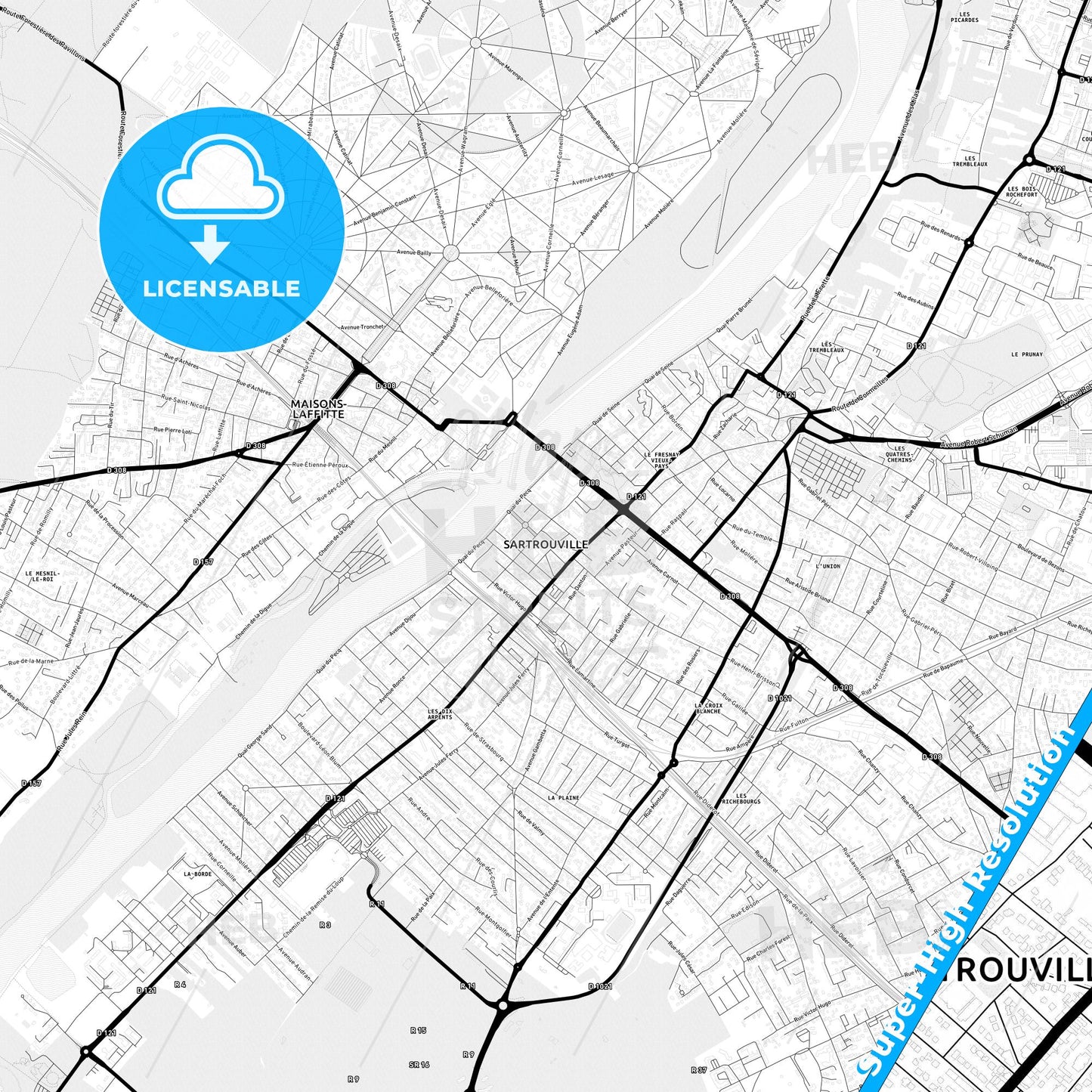 Sartrouville, France Light Map with Street Names, City Names, and Districts