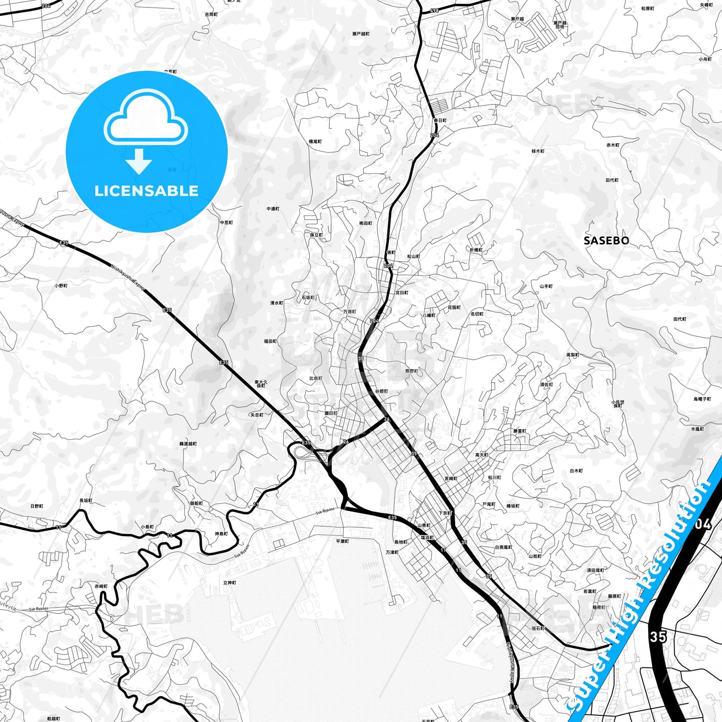 Sasebo, Japan Light Map with Street Names, City Names, and Districts