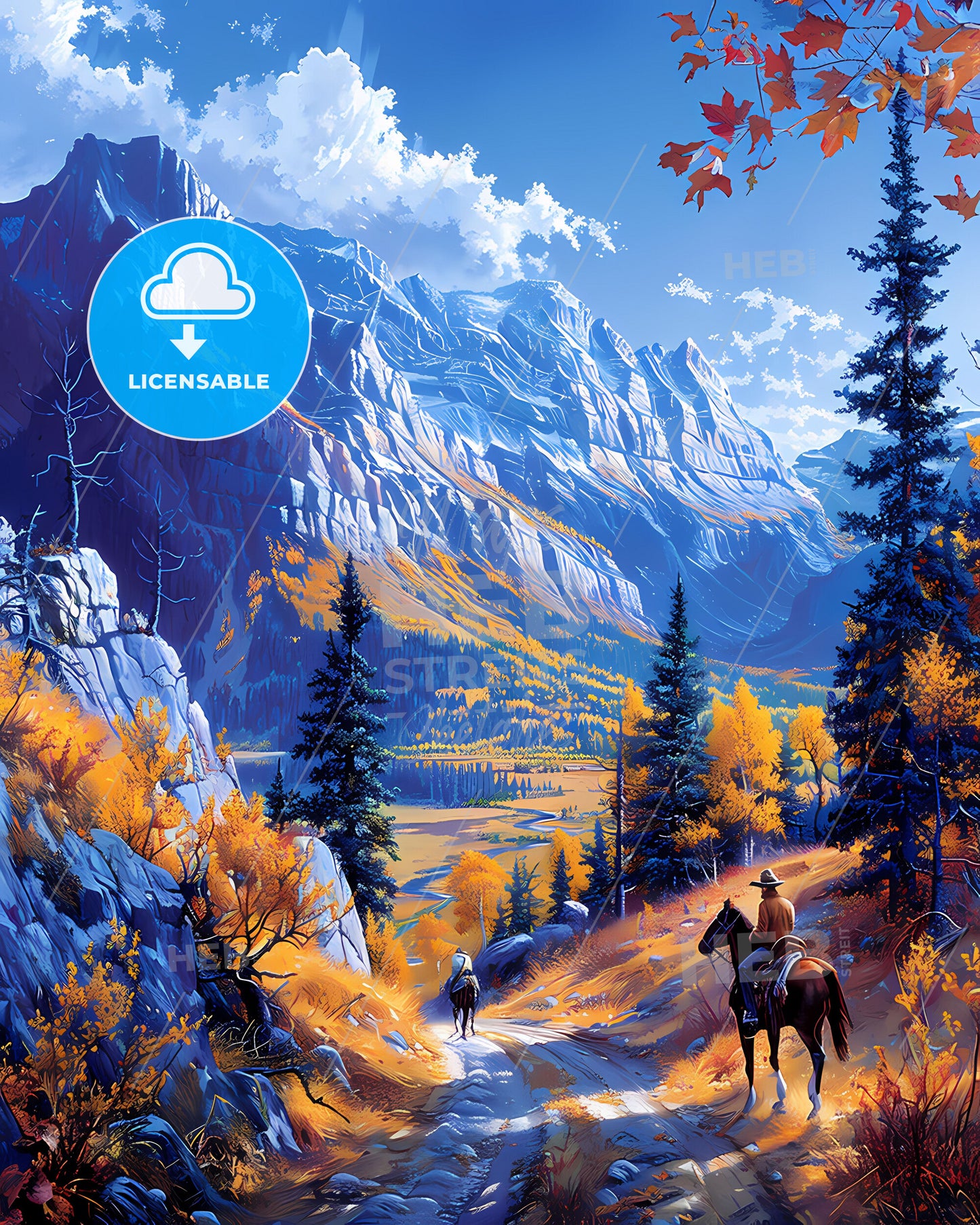 Painting of a Horseback Rider on a Dirt Road in the Saskatchewan Mountains