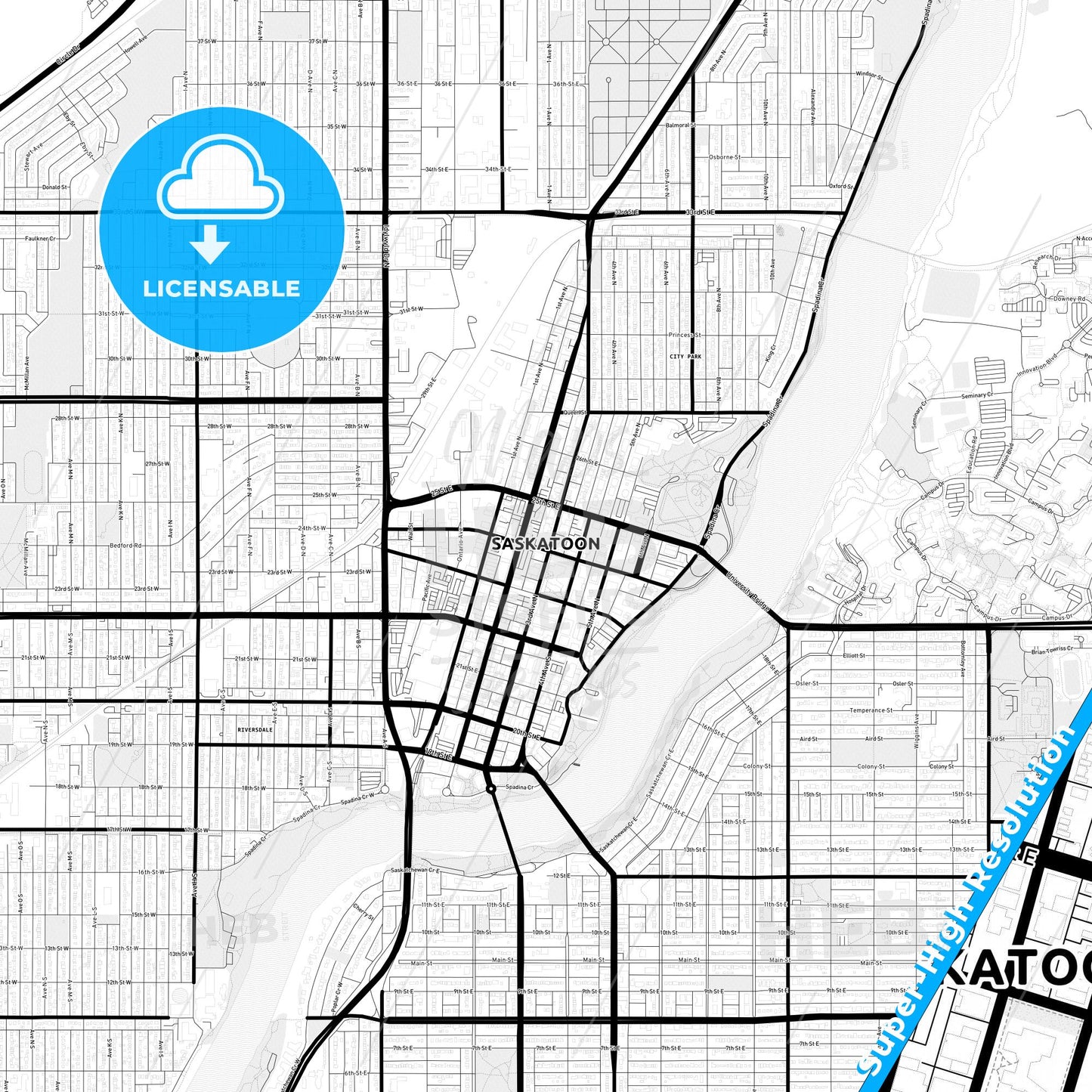Saskatoon, Canada Light Map with Street Names, City Names, and Districts