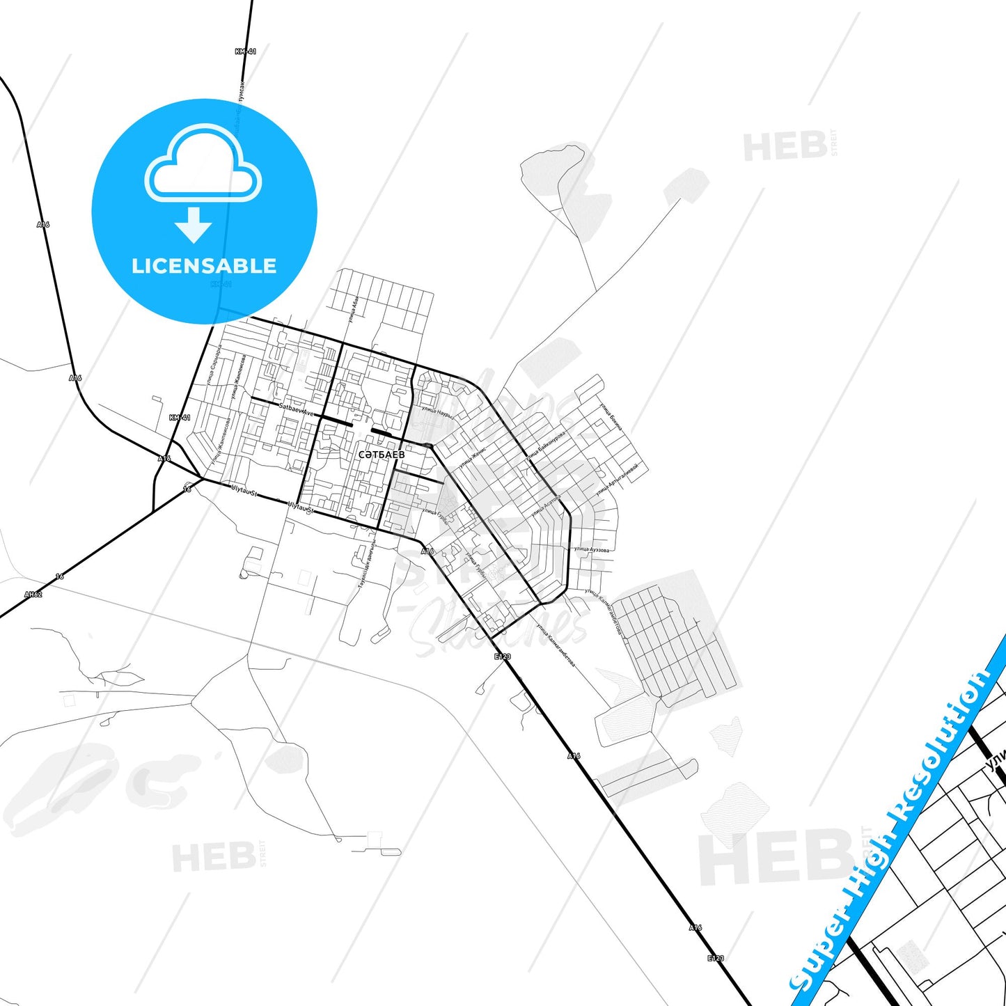 Satpayev, Kazakhstan Light Map with Street Names, City Names, and Districts