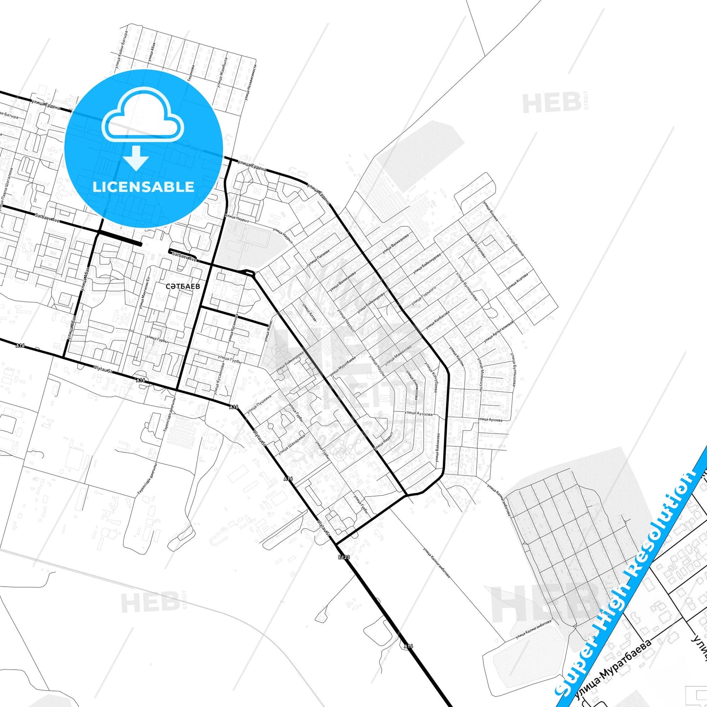 Satpayev, Kazakhstan Light Map with Street Names, City Names, and Districts