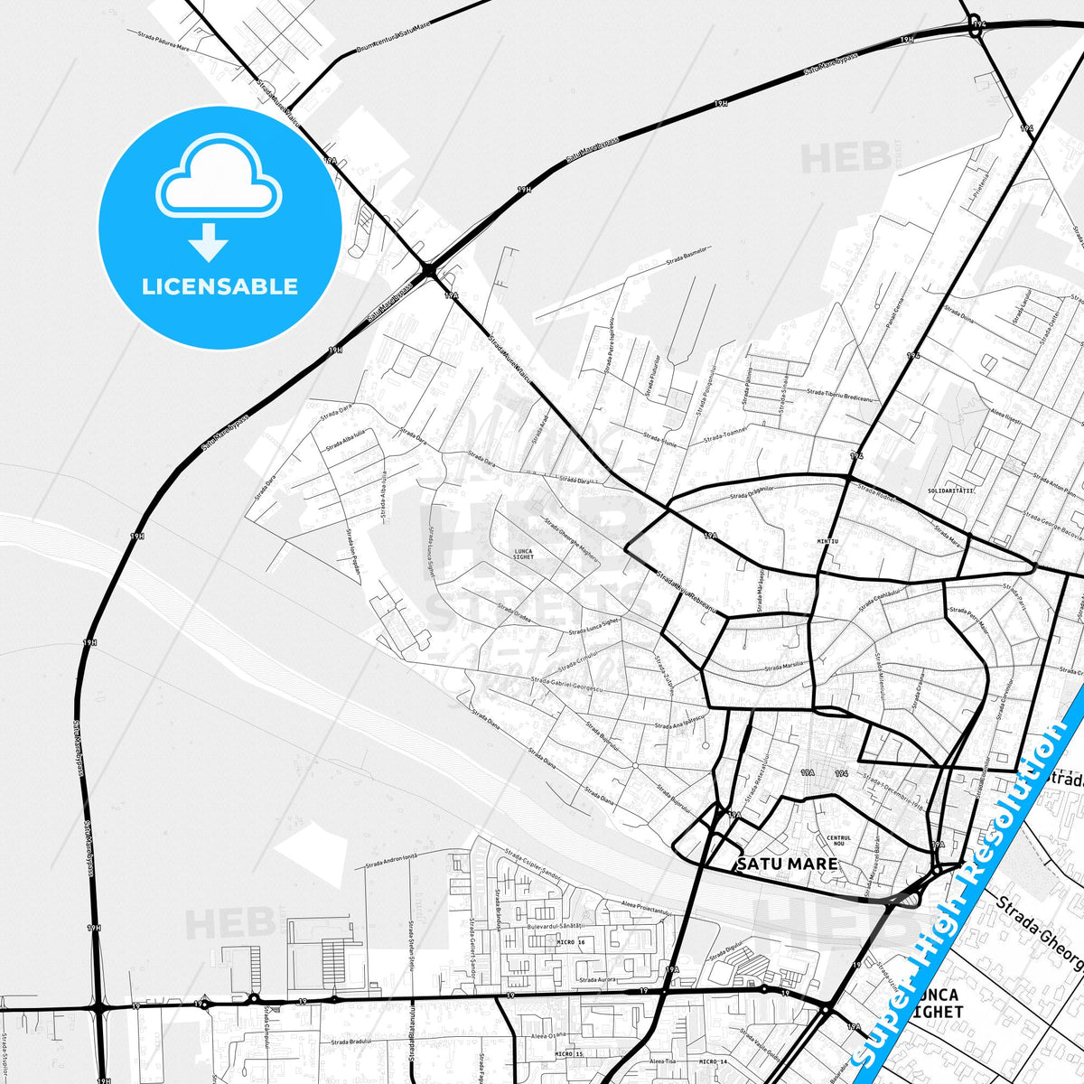 Satu Mare, Romania Light Map with Street Names, City Names, and Districts