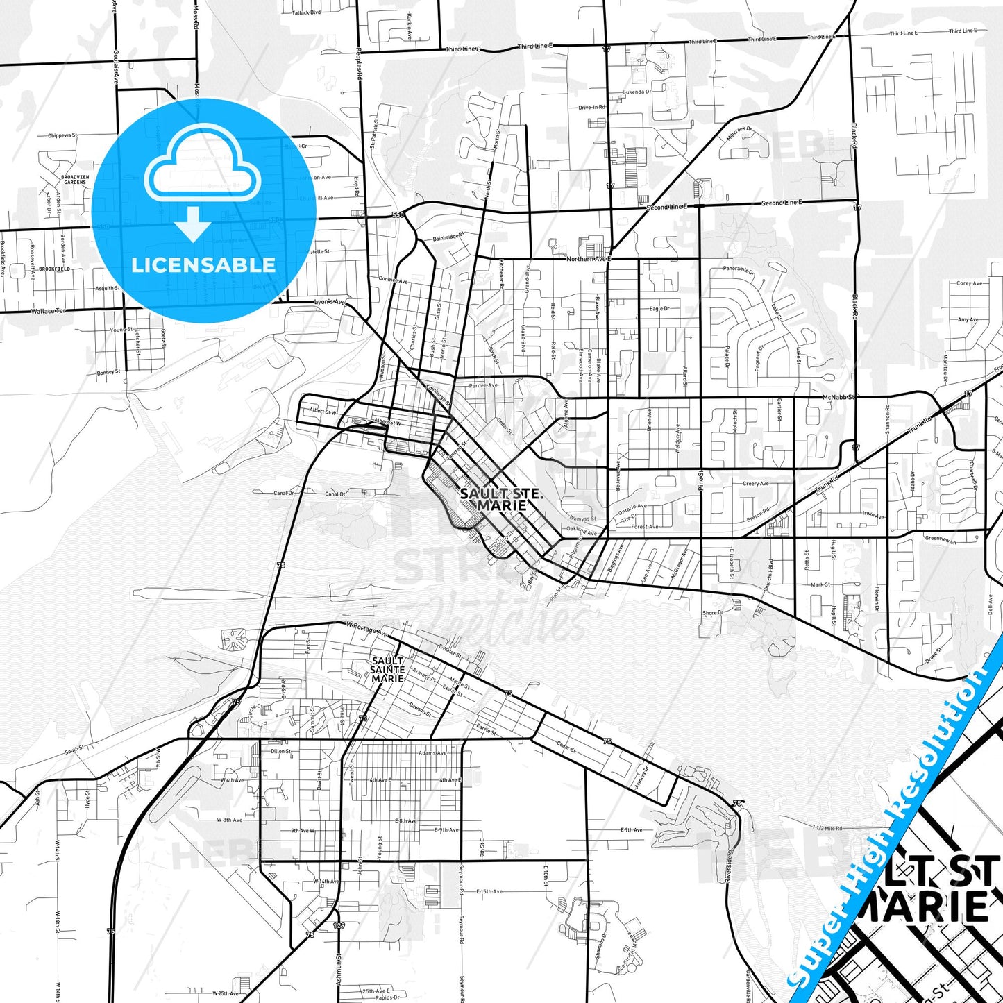 Sault Ste. Marie, Canada Light Map with Street Names, City Names, and Districts