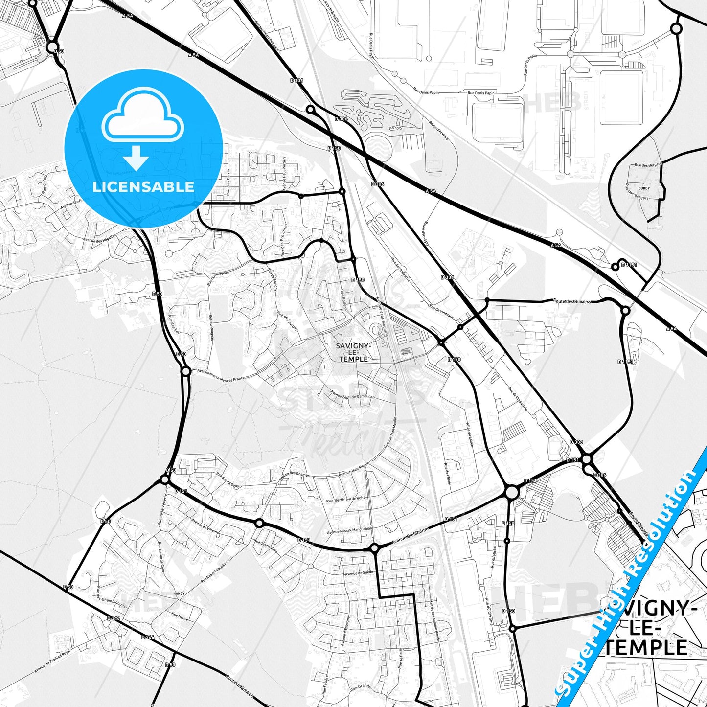 Savigny-le-Temple, France Light Map with Street Names, City Names, and Districts