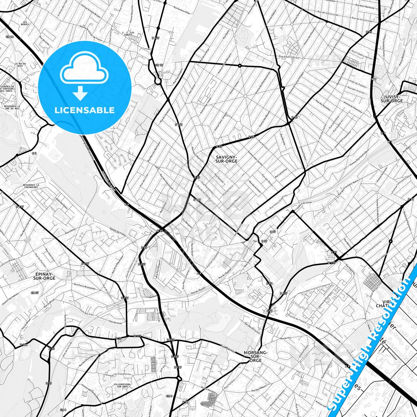 Savigny-sur-Orge, France Light Map with Street Names, City Names, and Districts