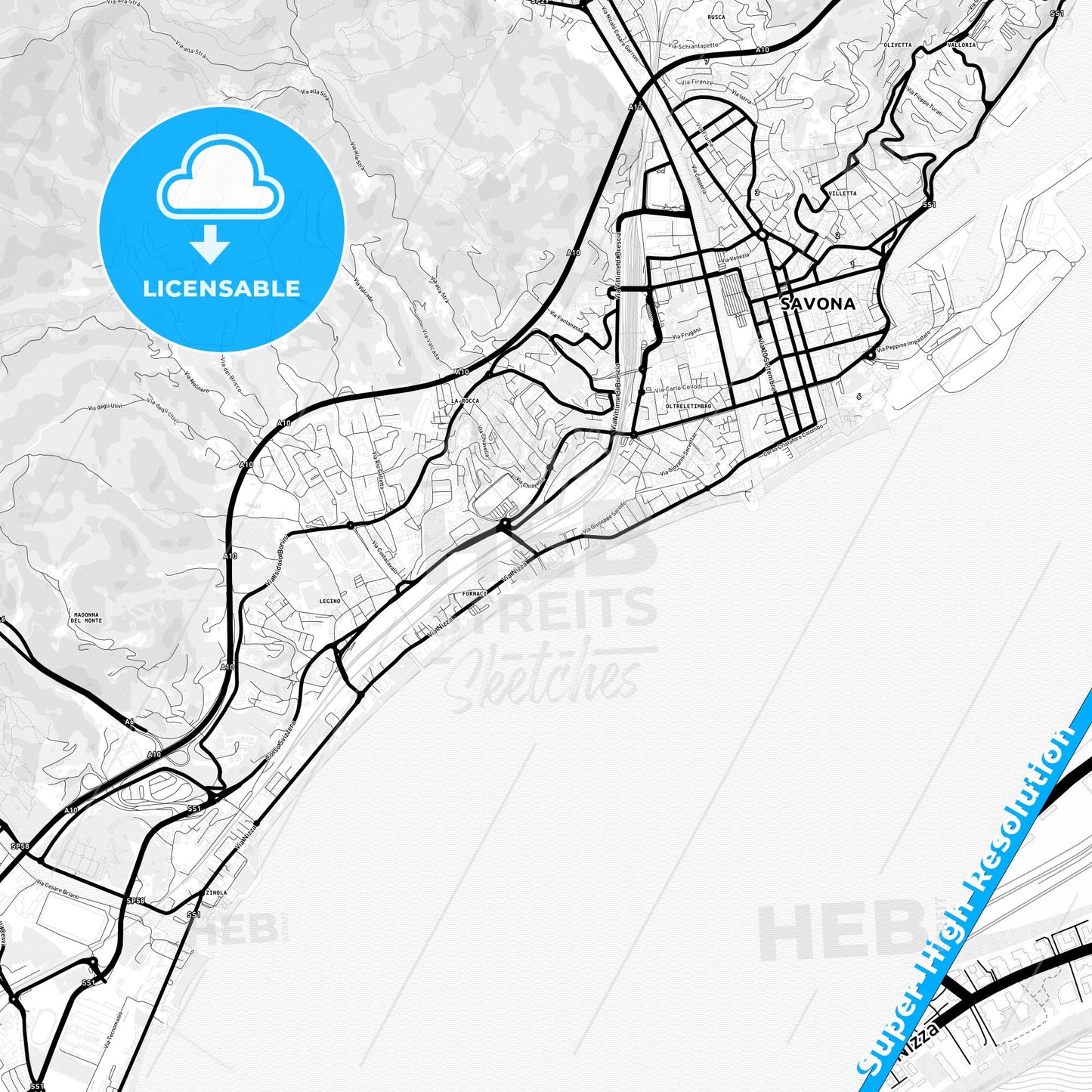 Savona, Italy Light Map with Street Names, City Names, and Districts