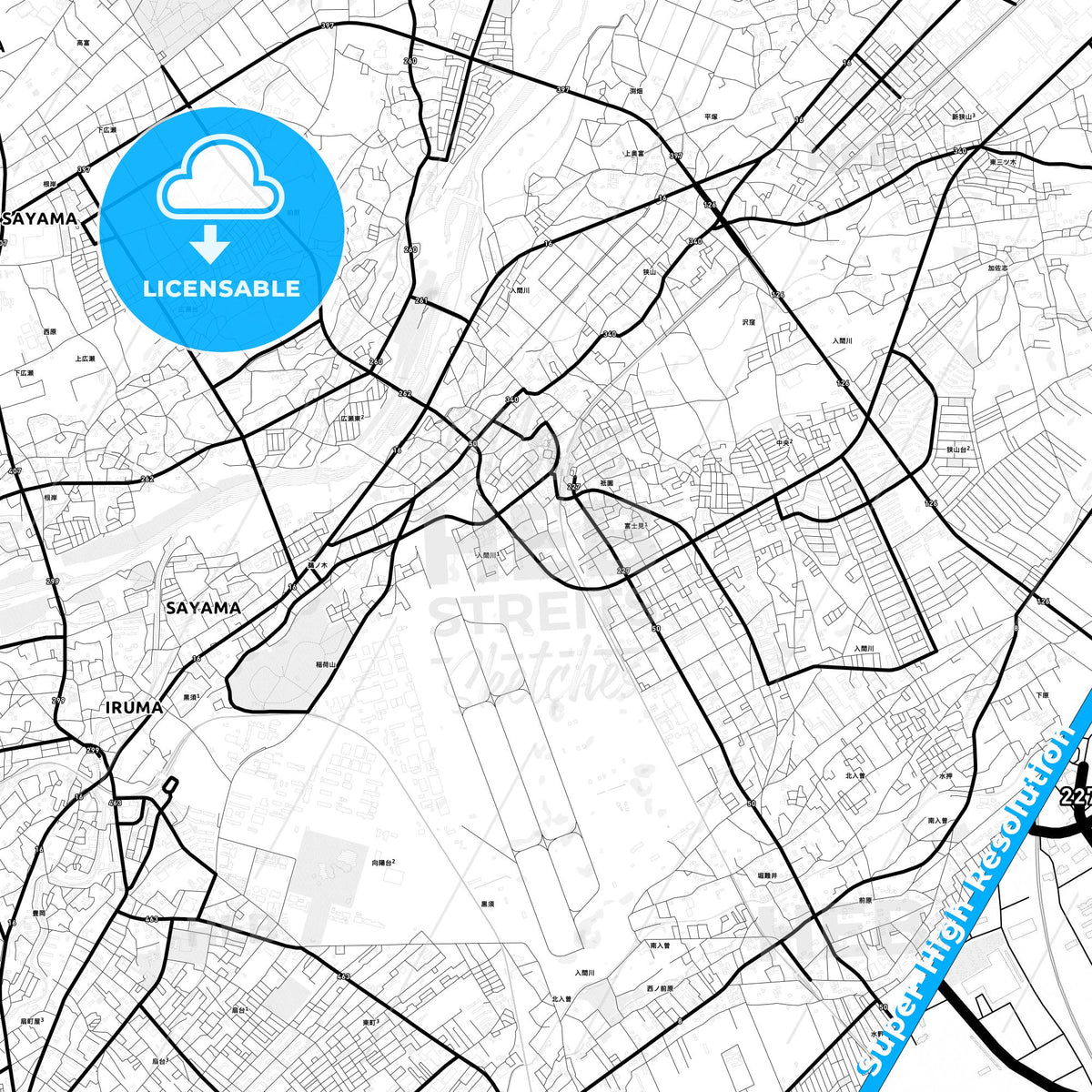 Sayama, Japan Light Map with Street Names, City Names, and Districts