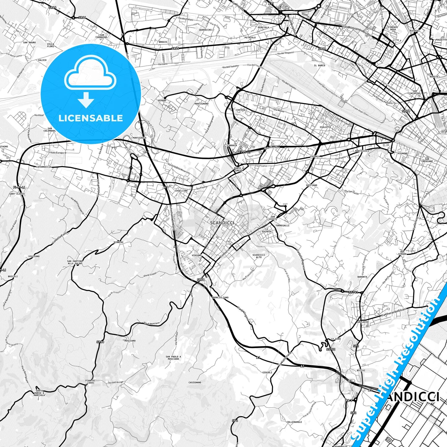Scandicci, Italy Light Map with Street Names, City Names, and Districts