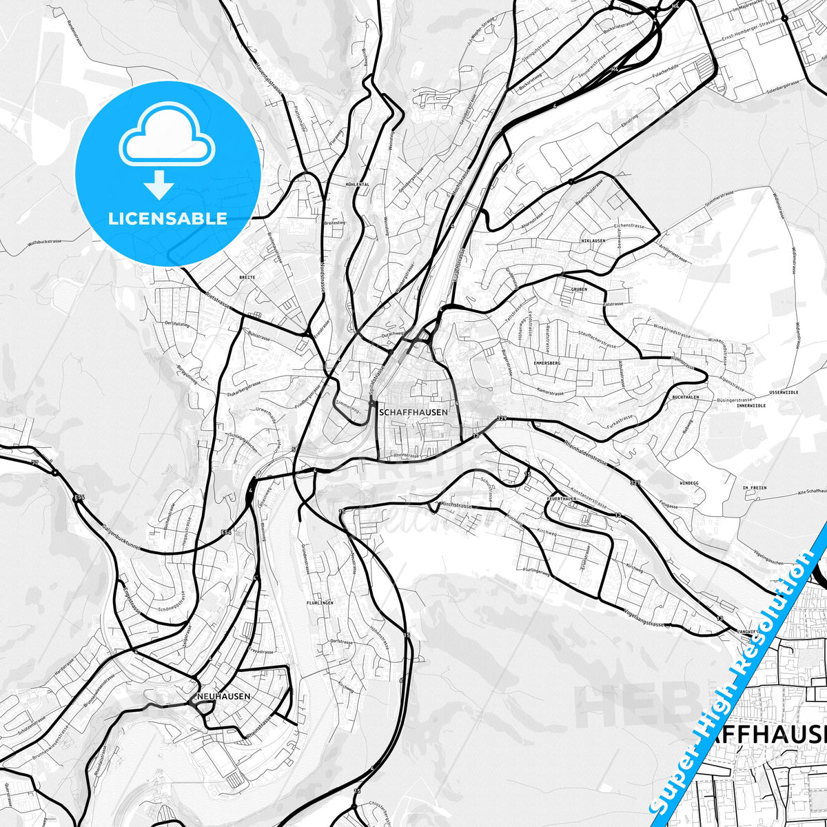 Schaffhausen, Switzerland Light Map with Street Names, City Names, and Districts