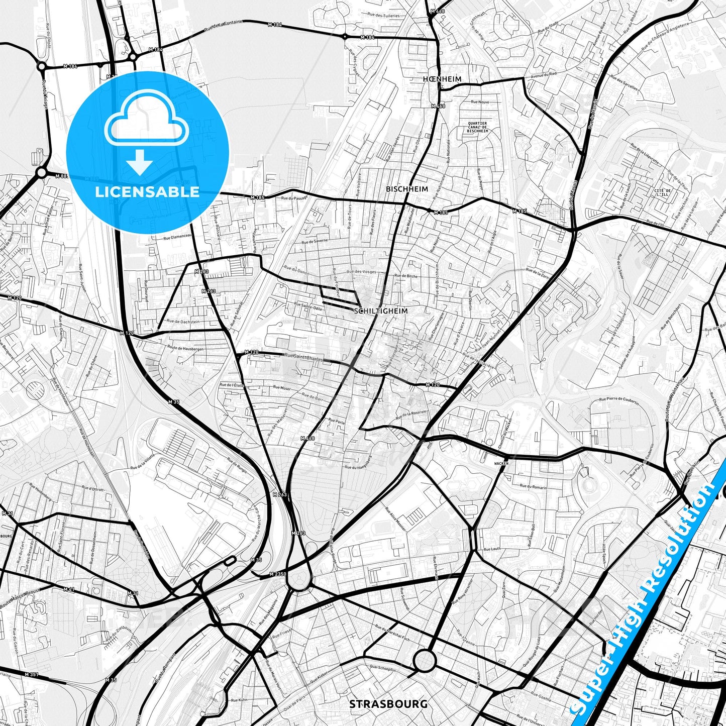 Schiltigheim, France Light Map with Street Names, City Names, and Districts